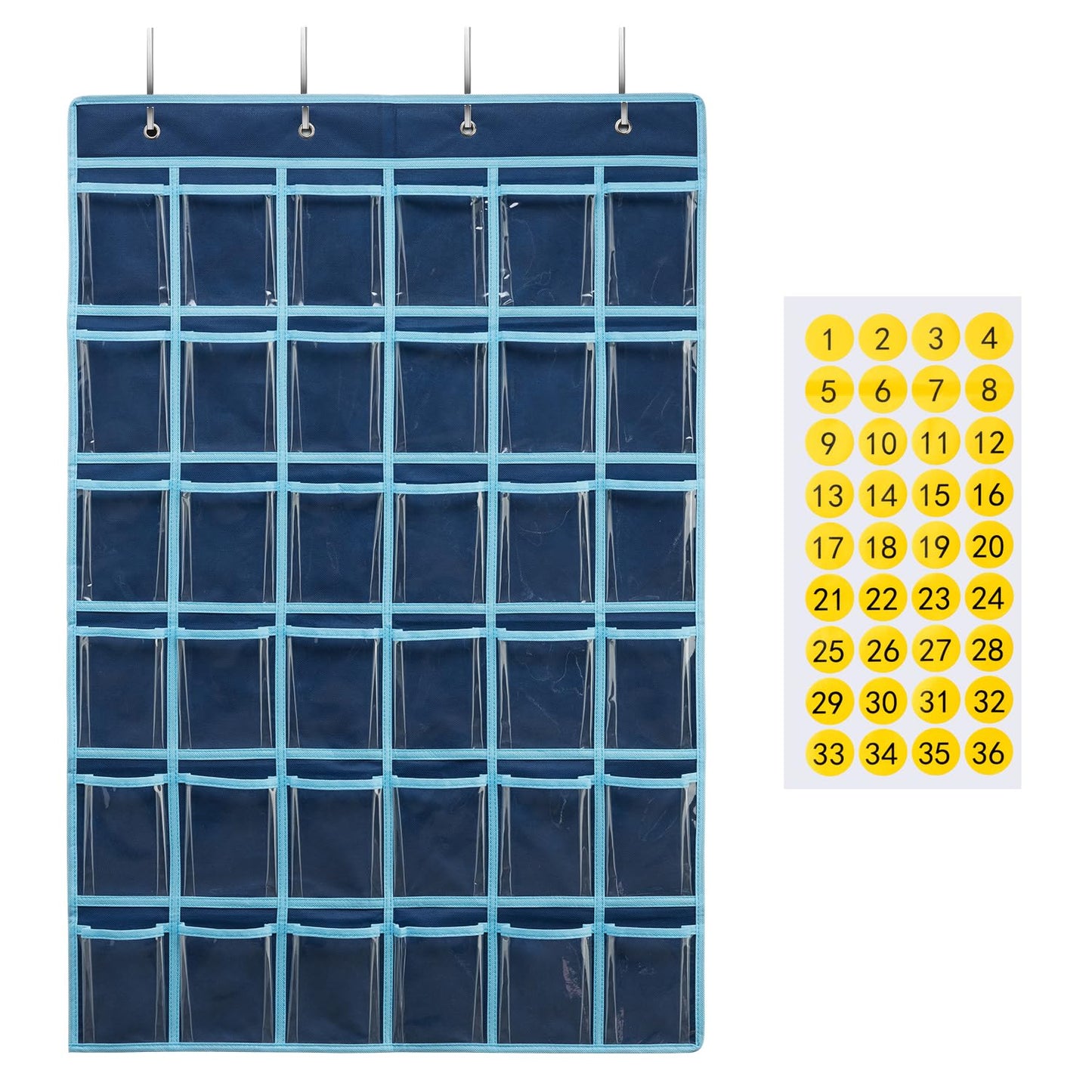 SAVERHO 36 Clear Pockets Classroom Pocket Chart for Cell Phone and Calculator Holder, Door Hanging Pocket Chart for Classroom Phone Holder with Number Sticker and Hooks (Blue)