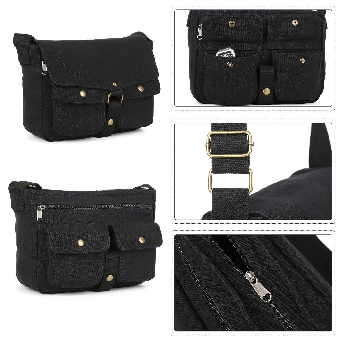 Valleycomfy Vintage Canvas Messenger Bag for Men Crossbody Shoulder Bag Satchel Handbags Black