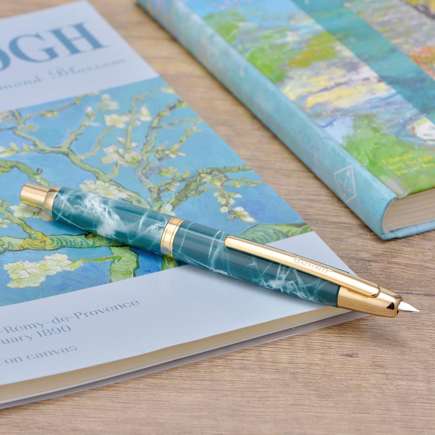 Jinhao 10 Press Fountain Pen with Box, Marble Blue Retractable Extra Fine Nib with Ink Converter Set (Golden Clip)