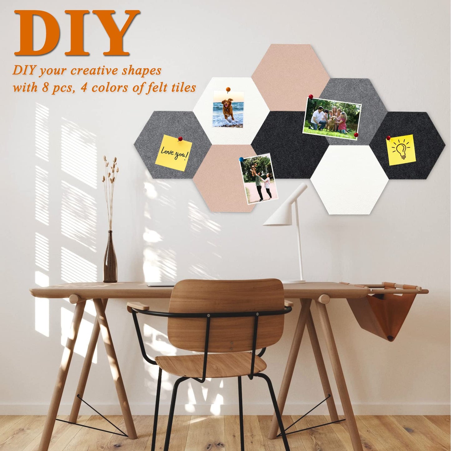 HULAVO 8Pcs Hexagon Felt Cork Board Tiles, Self Adhesive DIY Bulletin Board Pin Board for Office School Home Wall Decor Stickers Memos Photos Display (Camel & Grey)
