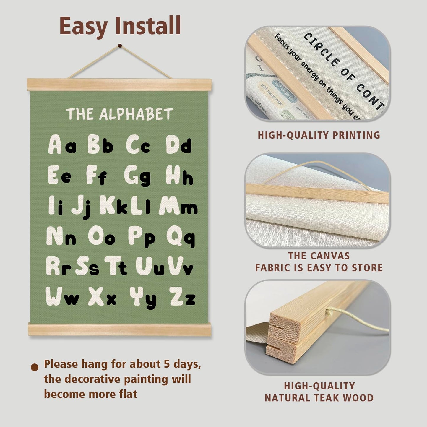 Alphabet and Numbers Chart Poster Set of 2, Alphabet Numbers Wall Art 14x18.5inch,ABC Banner Posters, Banner Wall Hanging Decor for Toddler Room Playroom Nursery Wall Classroom Decor (Olive Green ABC&123)