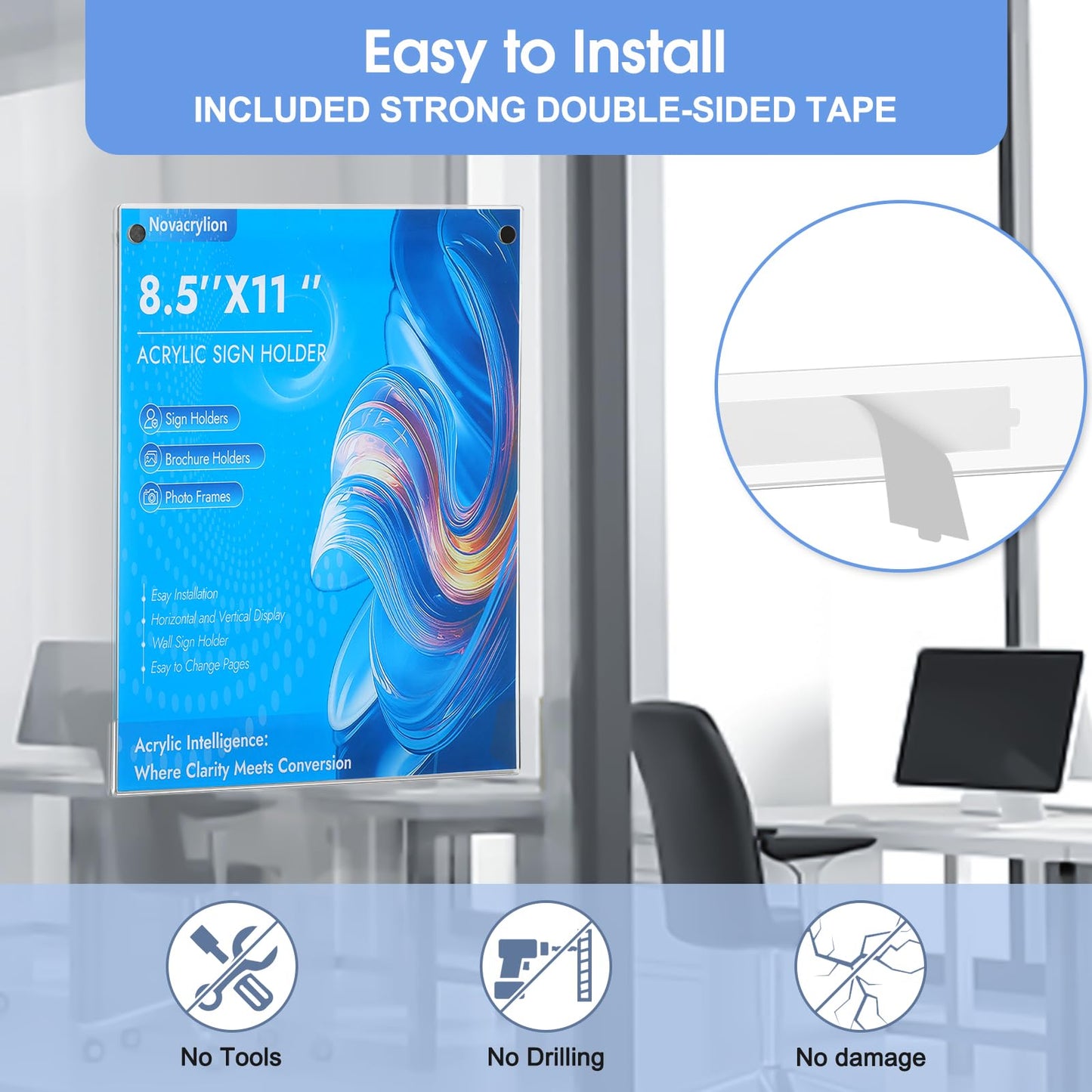 Novacrylion Acrylic Sign Holder 8.5 x 11 Wall Mount, Adhesive & Magnetic Back - Vertical or Horizontal Mount for Office, Classroom, Retail Displays on Glass, Doors, Wood, or Other Smooth Surfaces