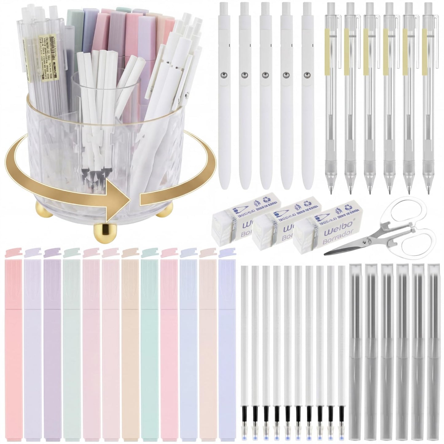 Eersida 44 Pcs Aesthetic School Supplies with 360° Rotating Pen Organizer, Office Supplies, 12 Highlighters, 5 Ink Gel Pens, 6 Mechanical Pencils Set for Stationary Office Desk Accessories(Clear)