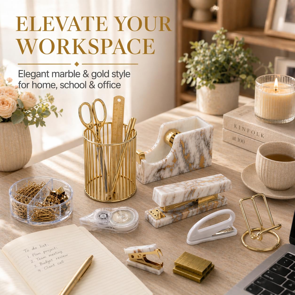 Office Desk Accessories Supplies - 13 Pcs Women Gold Marble Desk Decor Set, Cute Aesthetic Office Essentials Kit, Stapler Tape Dispenser Pen Organizer, Acrylic Mini Teacher Stuff for School Home Work