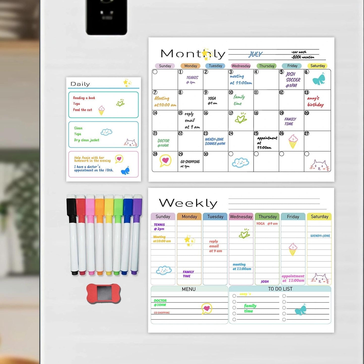 Hivillexun Magnetic Dry Erase Calendar for Fridge - 3 Pack Monthly, Weekly & Daily Planner Set (14"x11"), Includes 8 Ultra-Fine Tip Magnetic Markers & Large Bone Eraser, Reusable Whiteboard