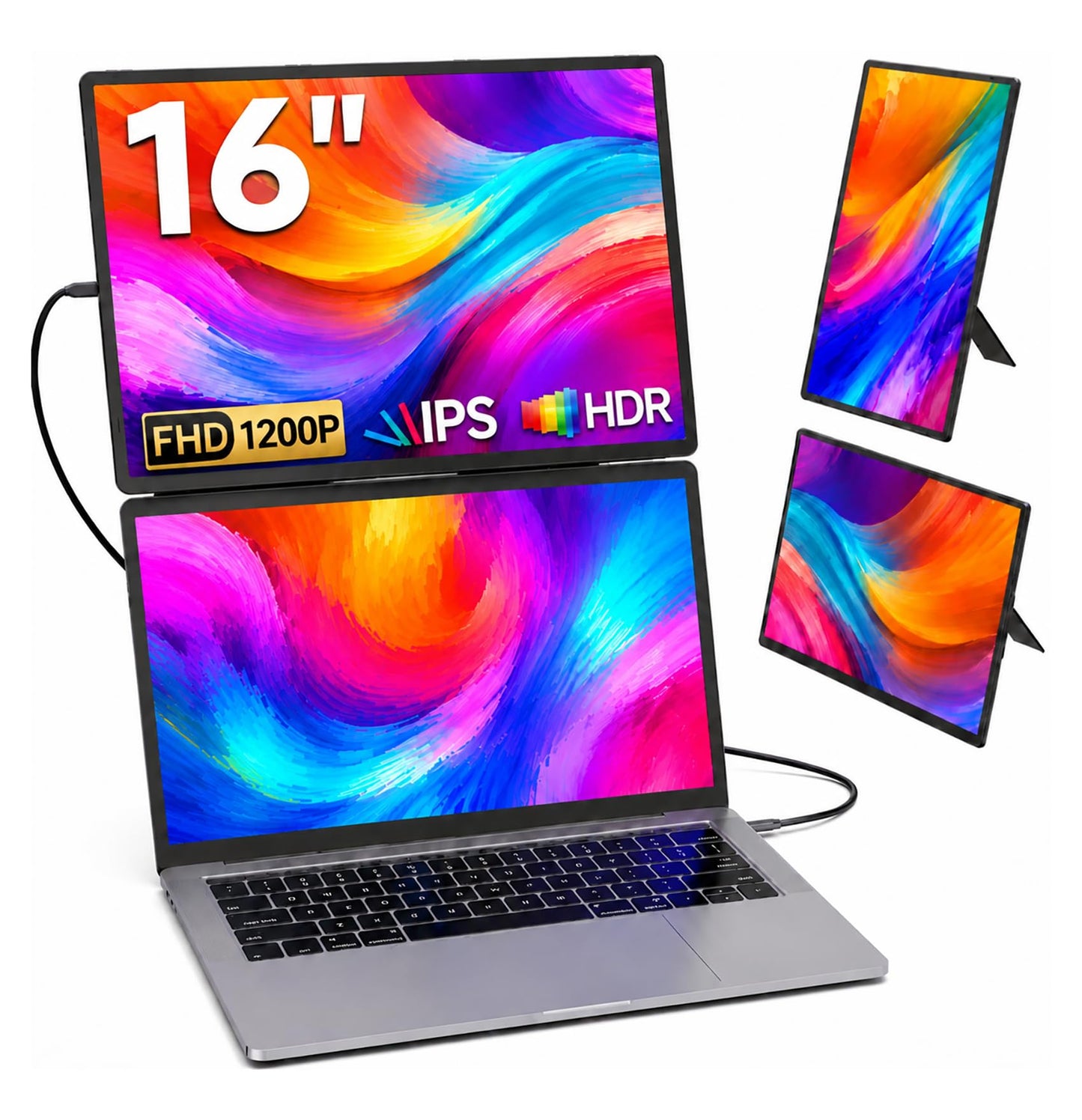 16" Laptop Screen Extender, 1200P FHD Portable Monitor for Laptop, 360° Rotating, Plug & Play, Detachable Stand, Height Adjustable for 13-17" Laptops, Travel Screen compatible with Mac/Windows/Chrome
