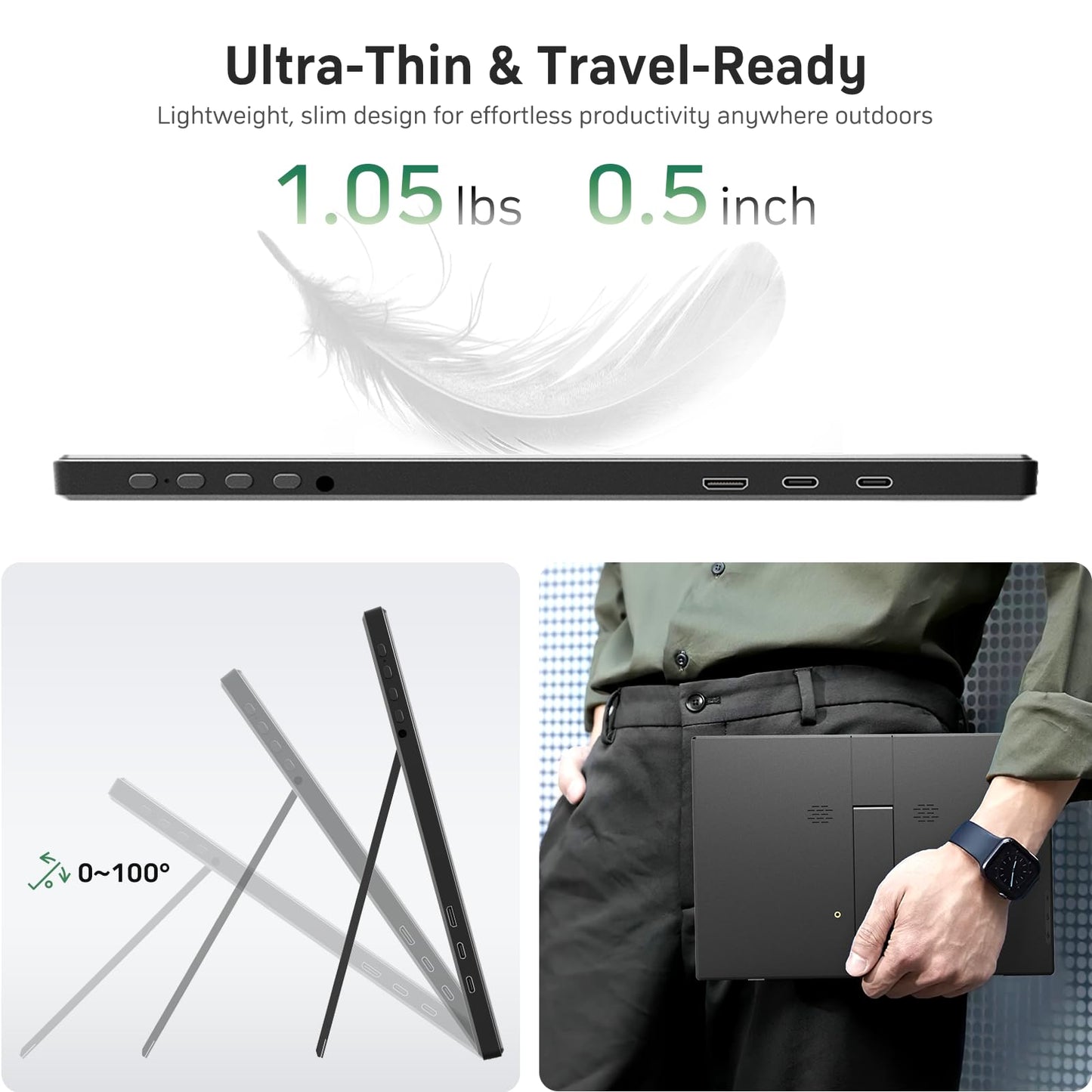 KQC 14 Inch Portable Monitor FHD 1200P, Ultra-Slim USB-C HDMI Plug & Play External Display, 100% sRGB Dual Speakers, Travel Laptop Monitor with Stand for PC Phone Xbox PS4/5
