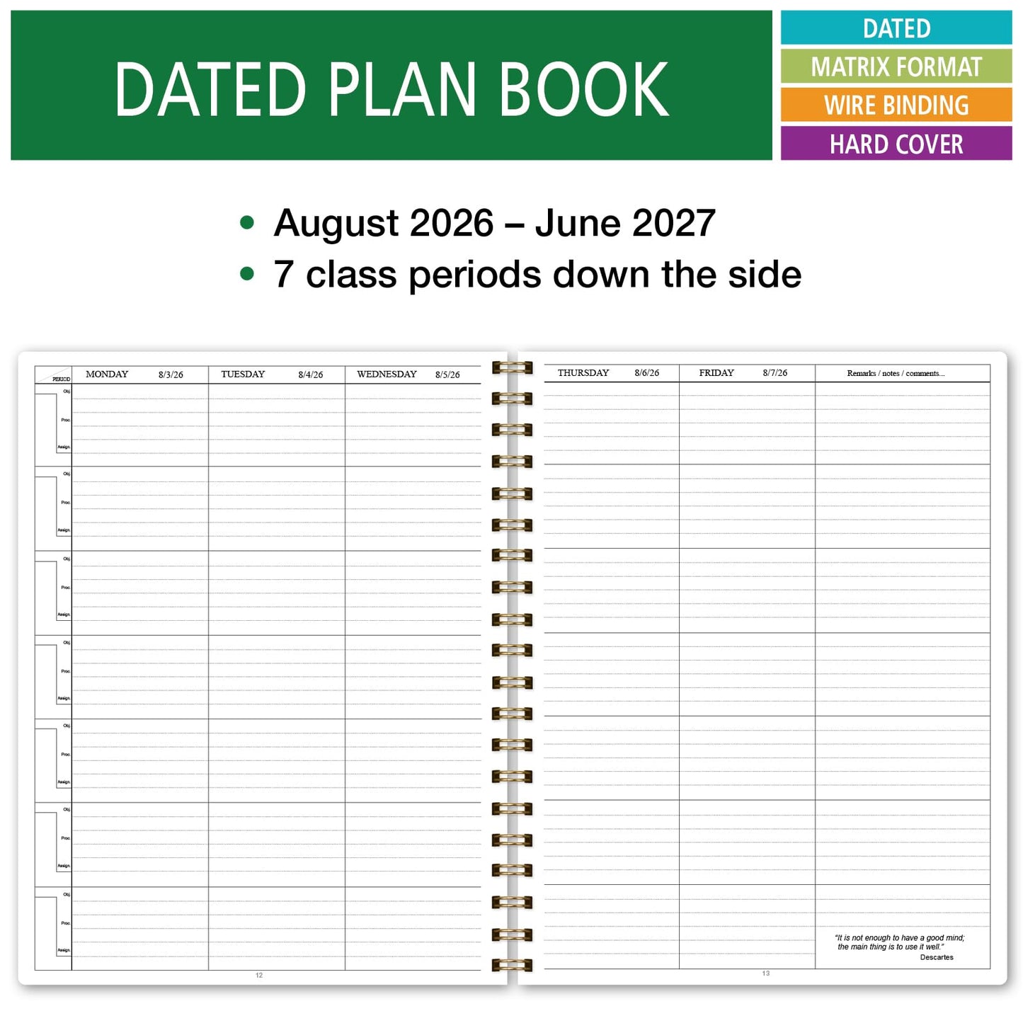 Elan Publishing Company HARDCOVER 7 Period Dated Teacher Lesson Plan; Days Horizontally Across The Top Dated for 2026-2027 Academic Year with Bonus Clip-in Bookmark (Tree Seasons)