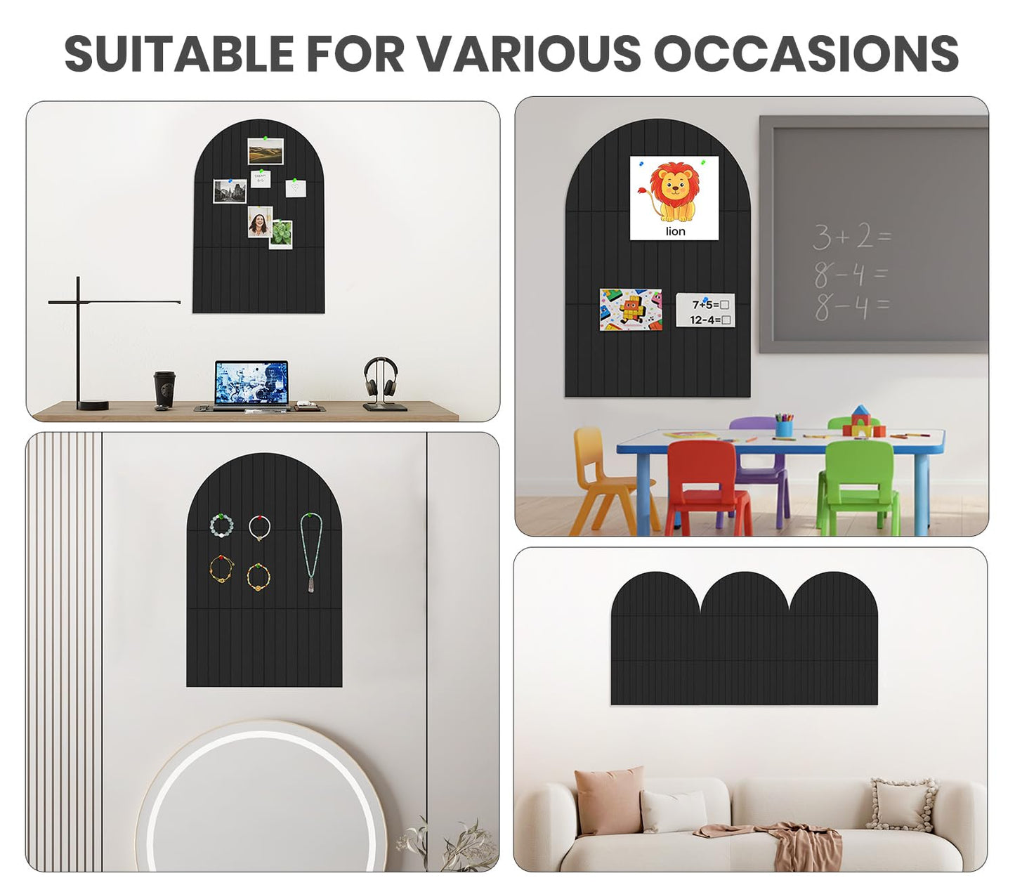 Large Arched Felt Bulletin Board 35" x 24",Cork Board Alternative - 6 Customized Felt Wall Tiles with Push Pins, Cork Boards for Walls Pin Board for Office & Home Panels - Black