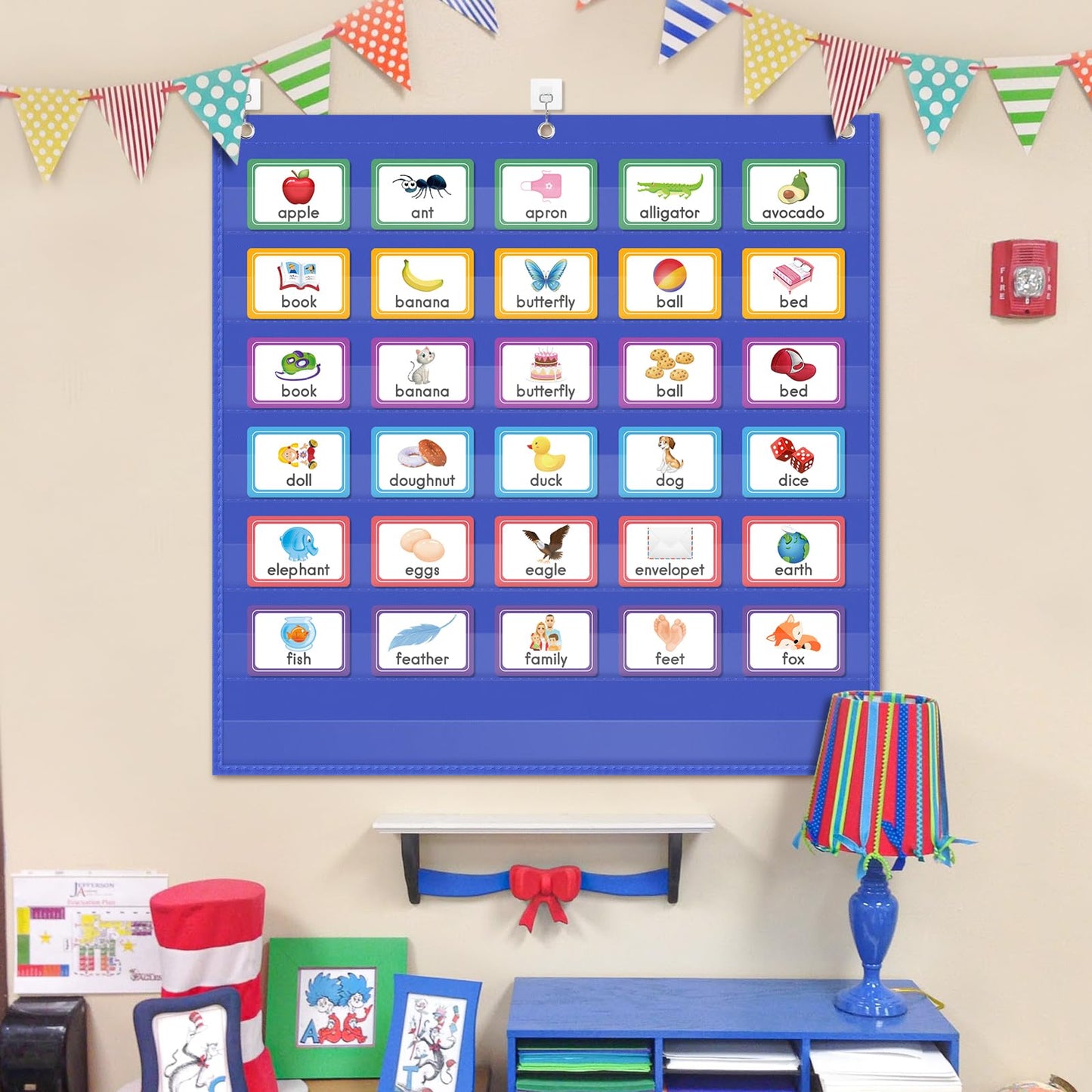 AUVCAS Standard Pocket Chart Clear 7 for Classroom & Home Heavy Duty Hanging Pocket Chart for Word Wall/Letter Cards/Sentence Strips 28Wx28L,Blue