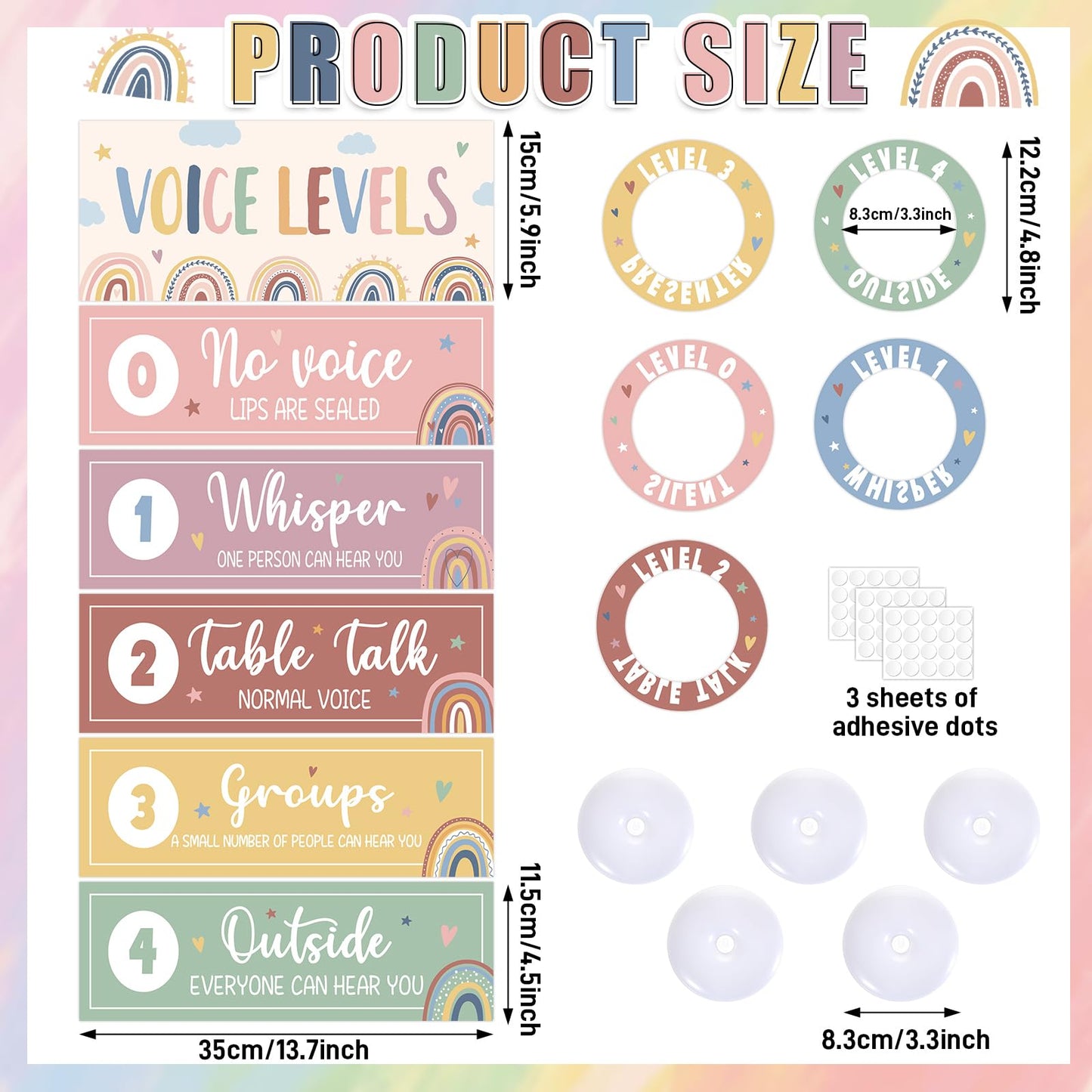 5 Pcs School Push Light and Voice Level Poster Voice Level Chart Monitor Rules Sign LED Tap Light Classroom Rules Poster Noise Chart Classroom Management Tools for Teachers Back to School （Boho Style）