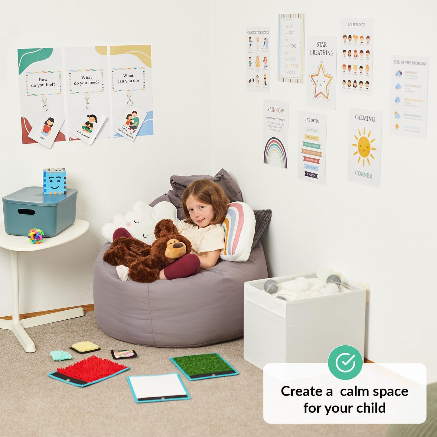 ODOXIA Calm Down Corner | Classroom and Special Education Must Haves | School Items for Kids | Kit with Sensory Mats, Posters, Solutions Wall, Sensory Toys