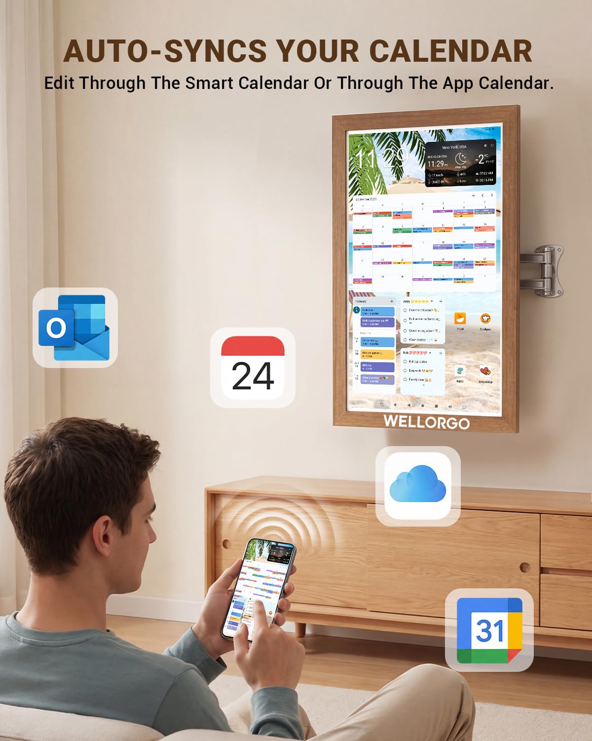 WELLORGO Digital Calendar Touch Screen, 21.5-inch Electronic Calendar for Wall, Smart Digital Planner with Kids' Chores Chart/Meal Plan/Streaming Services/Photo Display, Remote Control Supported
