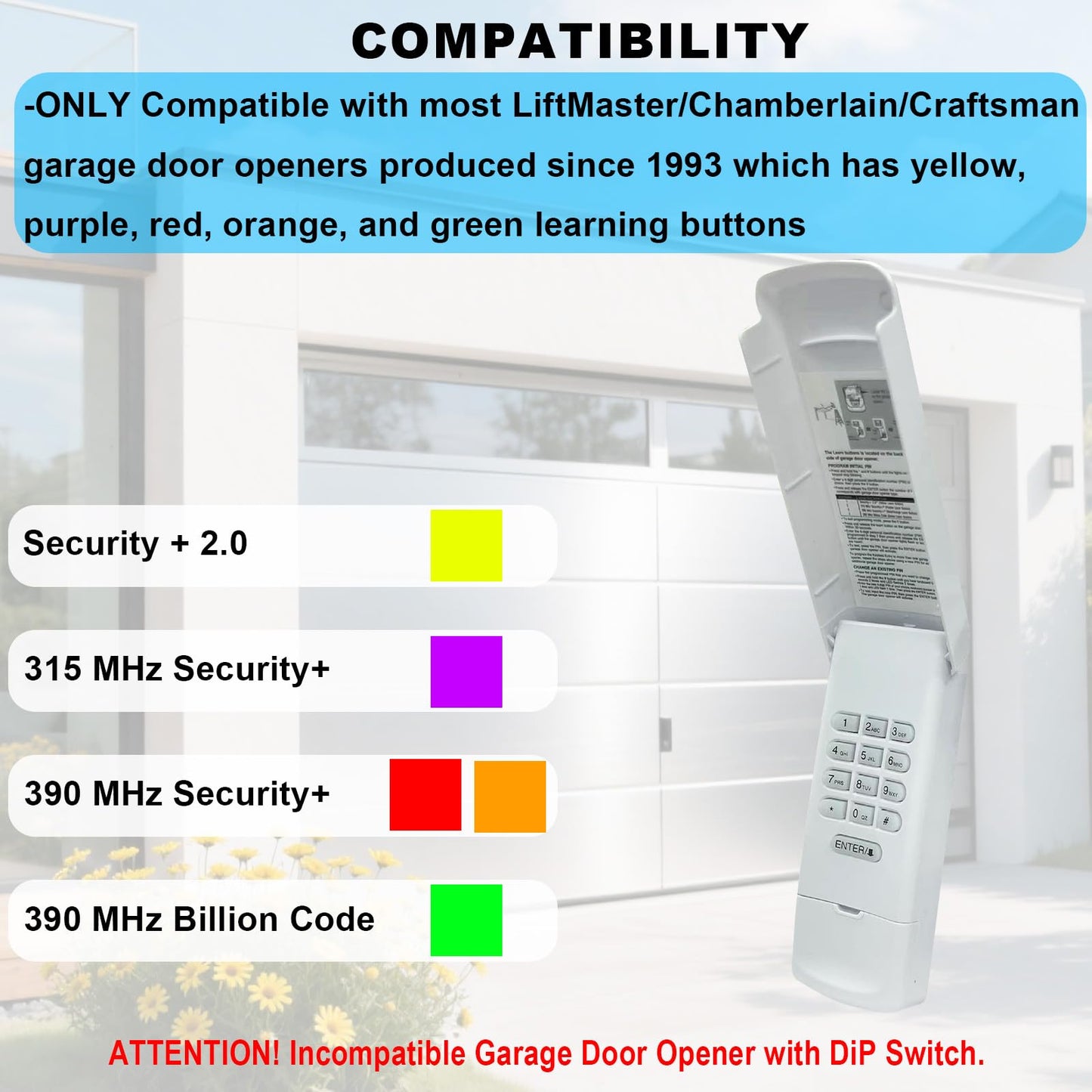 XDTKML Garage Door Opener Keypad Compatible with Liftmaster Chamberlain Craftsman Garage Door Opener with Produced Since 1993 Purple,Red,Orange,Green,Yellow Learn Button 315/390 MHZ - White