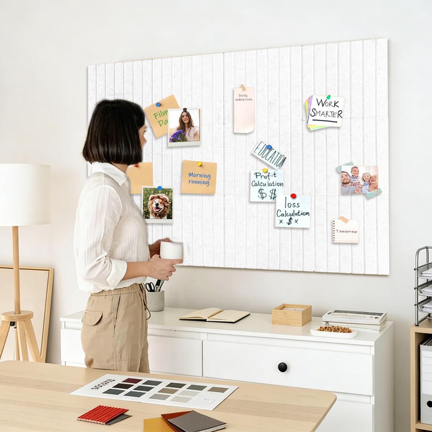 15 Pack Felt Bulletin Board, 35" x 59" Large White Pinboard with 30 Push Pins, Felt Pin Board, Self-Adhesive Cork Board Tiles for Home, Office Walls, School Classroom Message Photos Display