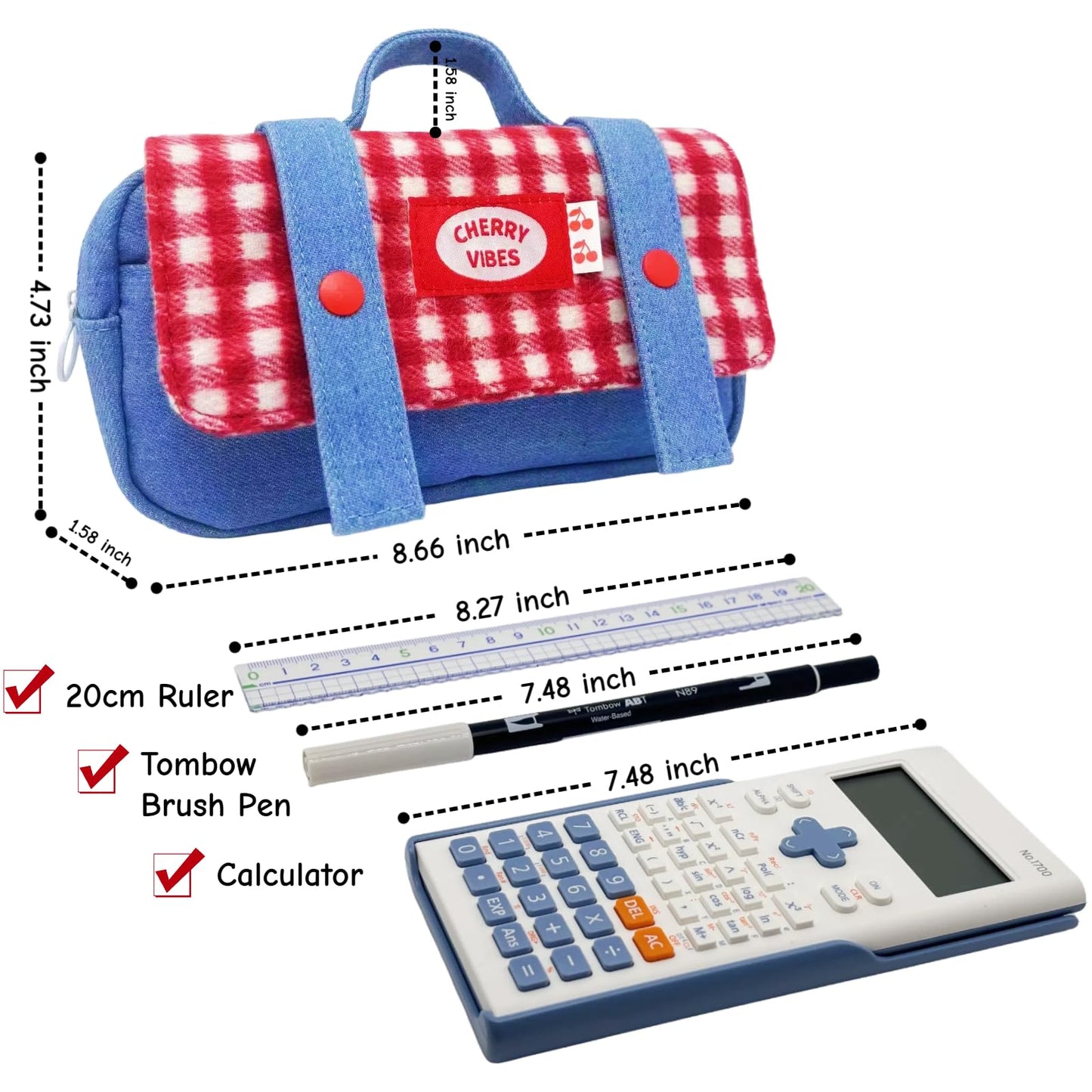 Haumei Cute Checkered Pencil Case, Red White Plaid with Denim Patchwork, Large Capacity Gingham Pattern Pen Bag with Handle, Big Stationery Organizer, Multi-Use Storage Pouch, 8.7x1.6x4.7 Inches, Blue