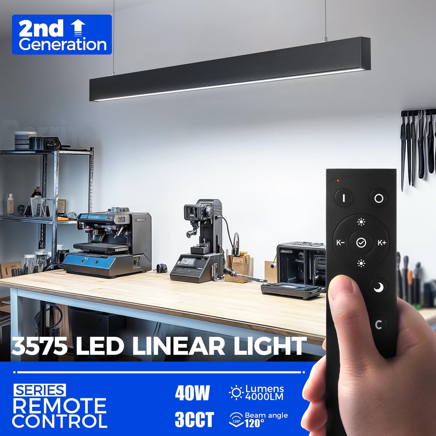 Barrina LED Linear Light Fixture, 4FT, 40W, Dimmable, Color Changing 3000K-6000K, Aluminum, 4 Pack, Black, Model 357
