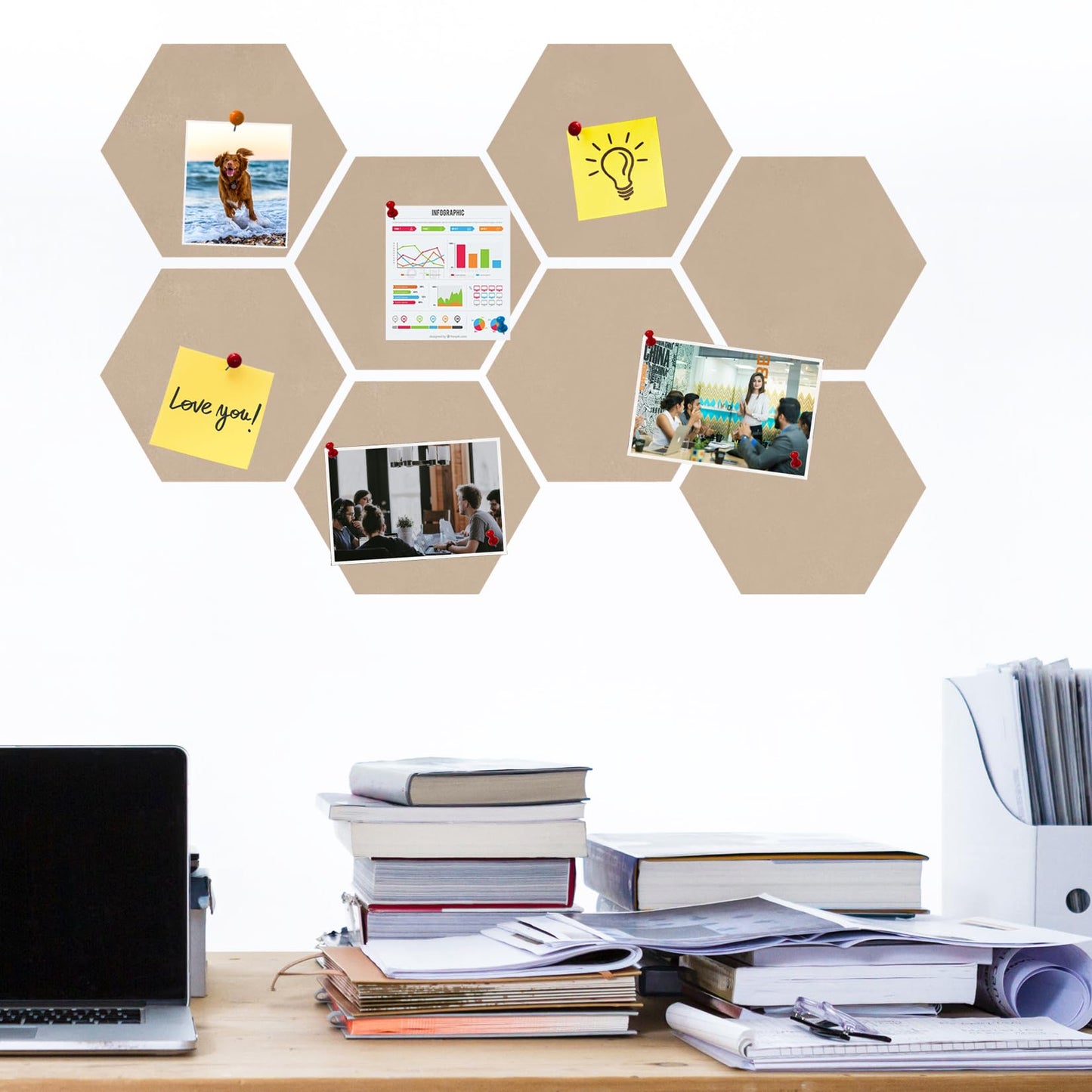 HULAVO Large Hexagon Felt Cork Board Tiles, Self Adhesive DIY Felt Bulletin Board Pin Board with 35 Pushpins for Office School Home Wall Decor Stickers Memos Photos Display(Light Brown)