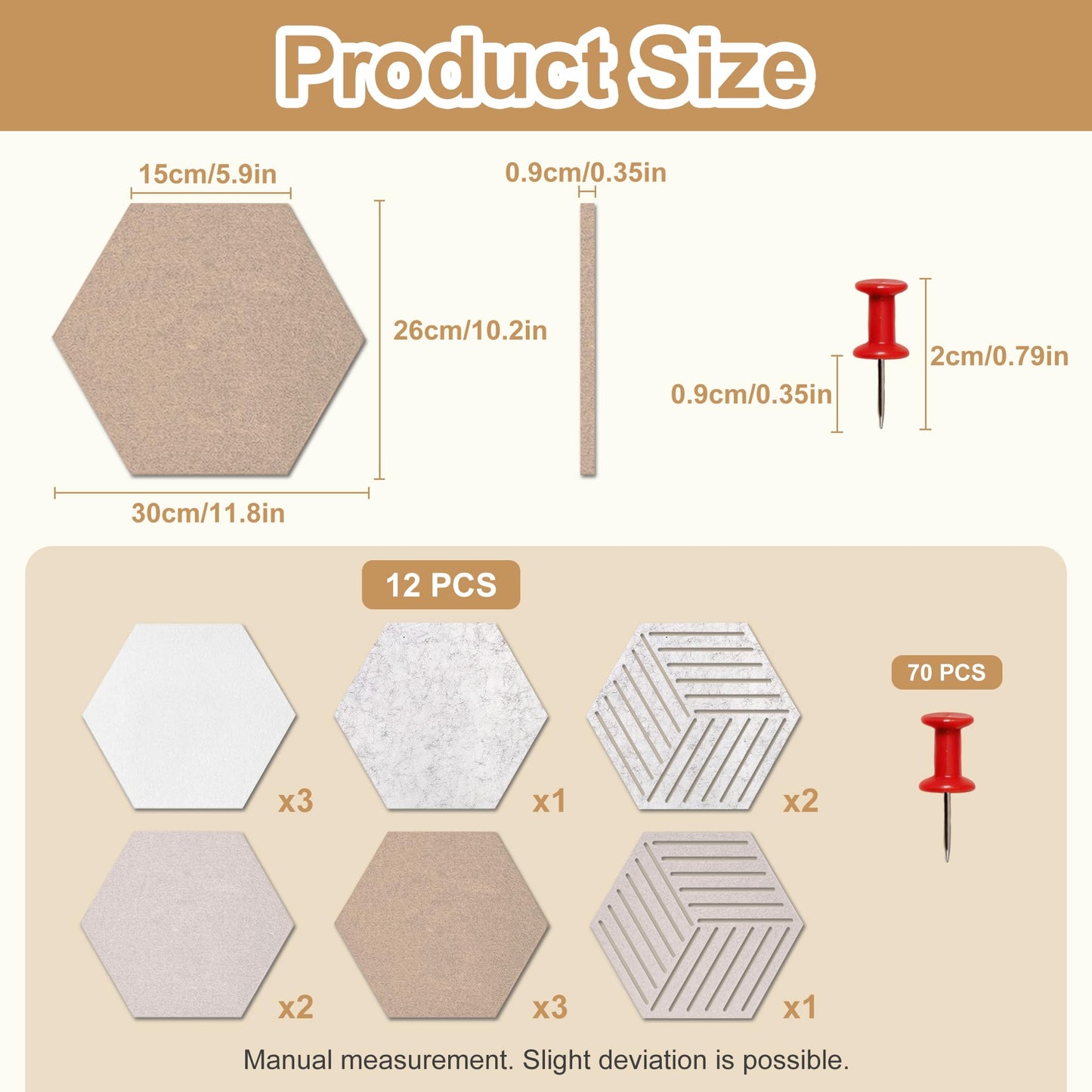 12 Pack Hexagon Cork Board, Warm Khaki & Hexagon Felt Bulletin Board with 70 Pins, 11.8x10.2 Felt Board,for Home Office Decor Wall Art & Vision Board with Cut-Out Designs