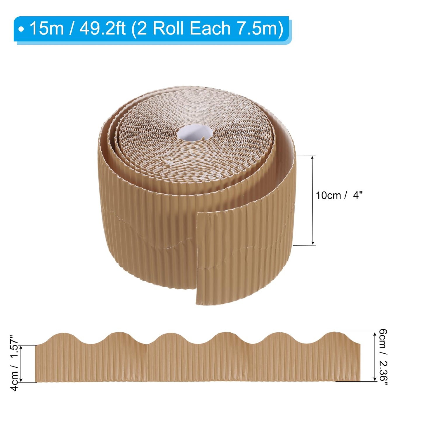 PATIKIL 3.9inch x 49.2ft Bulletin Board Border, Scalloped Trim Paper Corrugated Paper for Locker Classroom Decor Black White Cork Poster Boards, Light Brown