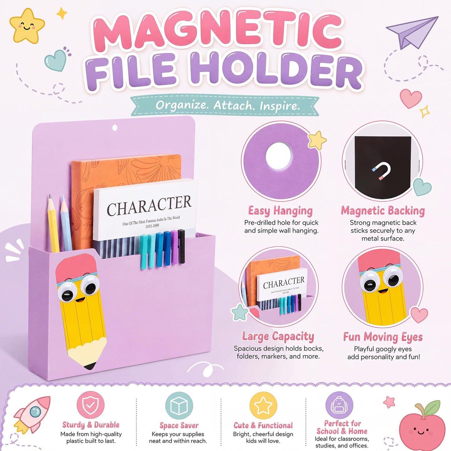 Gilprop 2 Pcs Pencil Pink Magnetic File Folder Holder Pocket File Organizer Classroom Decor Teacher Desk Accessories for Whiteboard Mail Paper Book No Drilling School Desk Door Classroom Essential