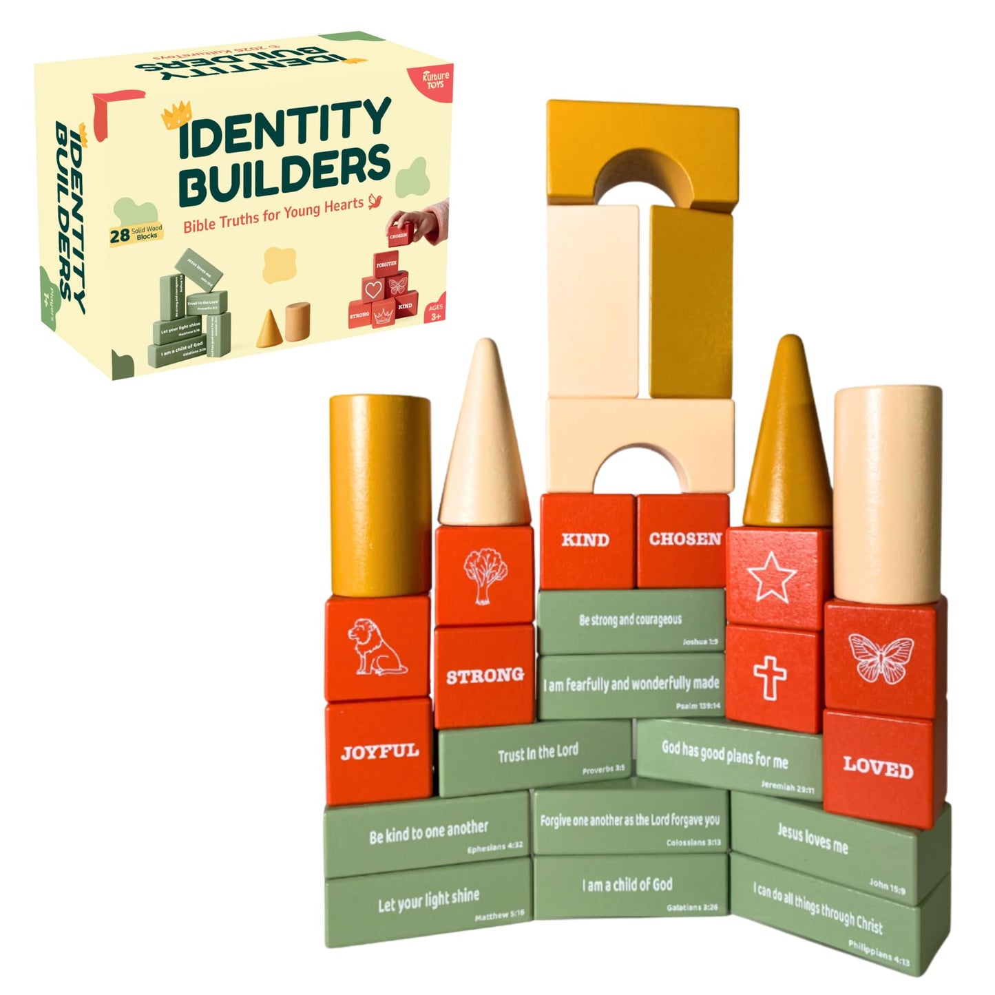 Bible Building Blocks for Kids – Christian Wooden Toy with Bible Verses & Positive Identity Words, Faith-Based Learning Set with Storybook & Storage Bag (Ages 3+) – Christian Gifts - KultureGames