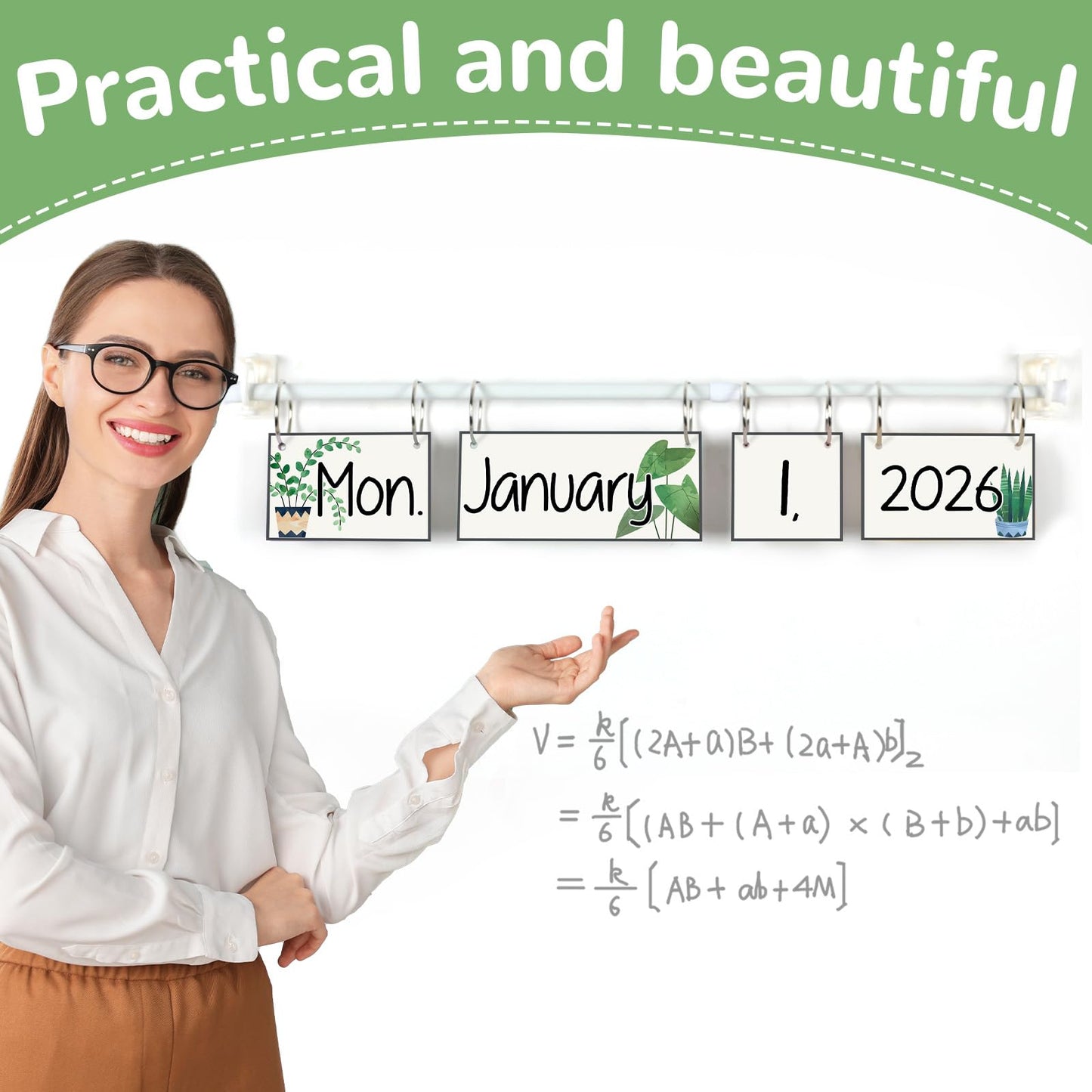 Greenery Flip Calendar for Classroom Bulletin Board Set Greenery Calendar Class Whiteboard Decor with 2026 to 2030 Years Date Cards and Adjustable Rod for Home Elementary School Teacher Supplies