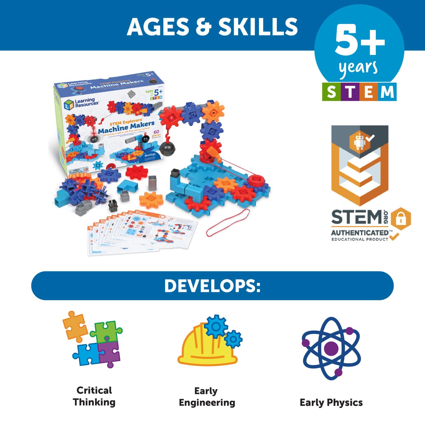 Learning Resources STEM Explorers Machine Makers - 60 Pieces, Ages 5+, Building Montessori Toys, Engineering Activities, Fine Motor Skills