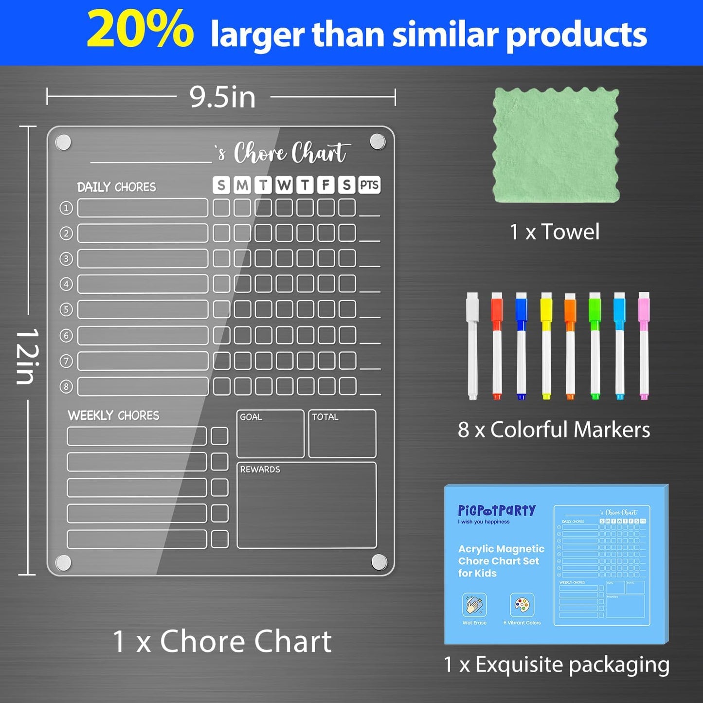 PigPotParty Acrylic Magnetic Chore Chart for Kids on Fridge – 9.5"x12" Daily & Weekly Dry Erase Chore Board with 8 Fine Tip Markers and 1 Towel – Responsibility Chart with Reward Point System