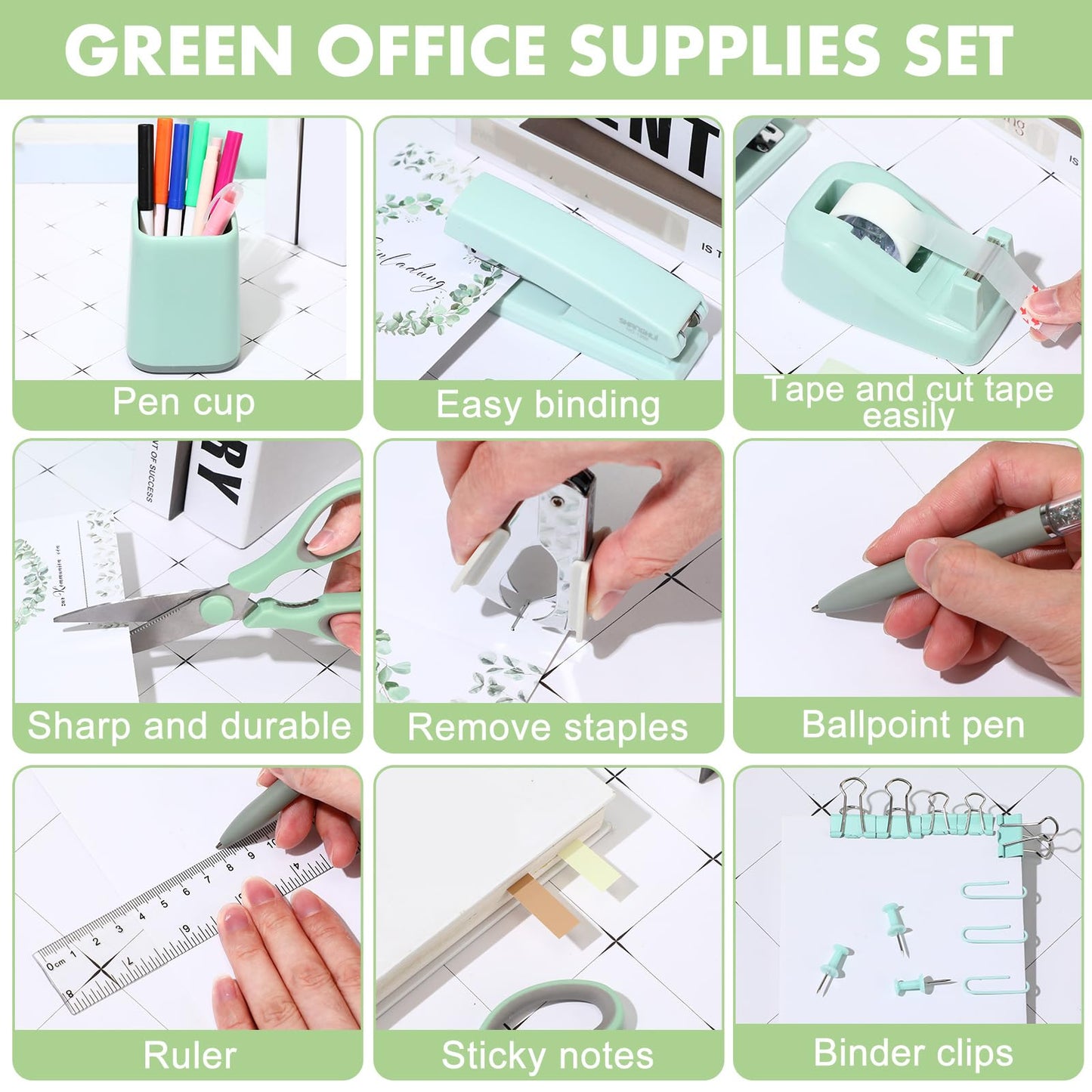 Marspark 12 Pcs Sage Green Office Supplies Desk Accessories Set Pen Holder Tape Dispenser Stapler Staple Remover Staples Tape Ruler Scissor Pen Sticky Note Index Tab Clips Set for Office School Home
