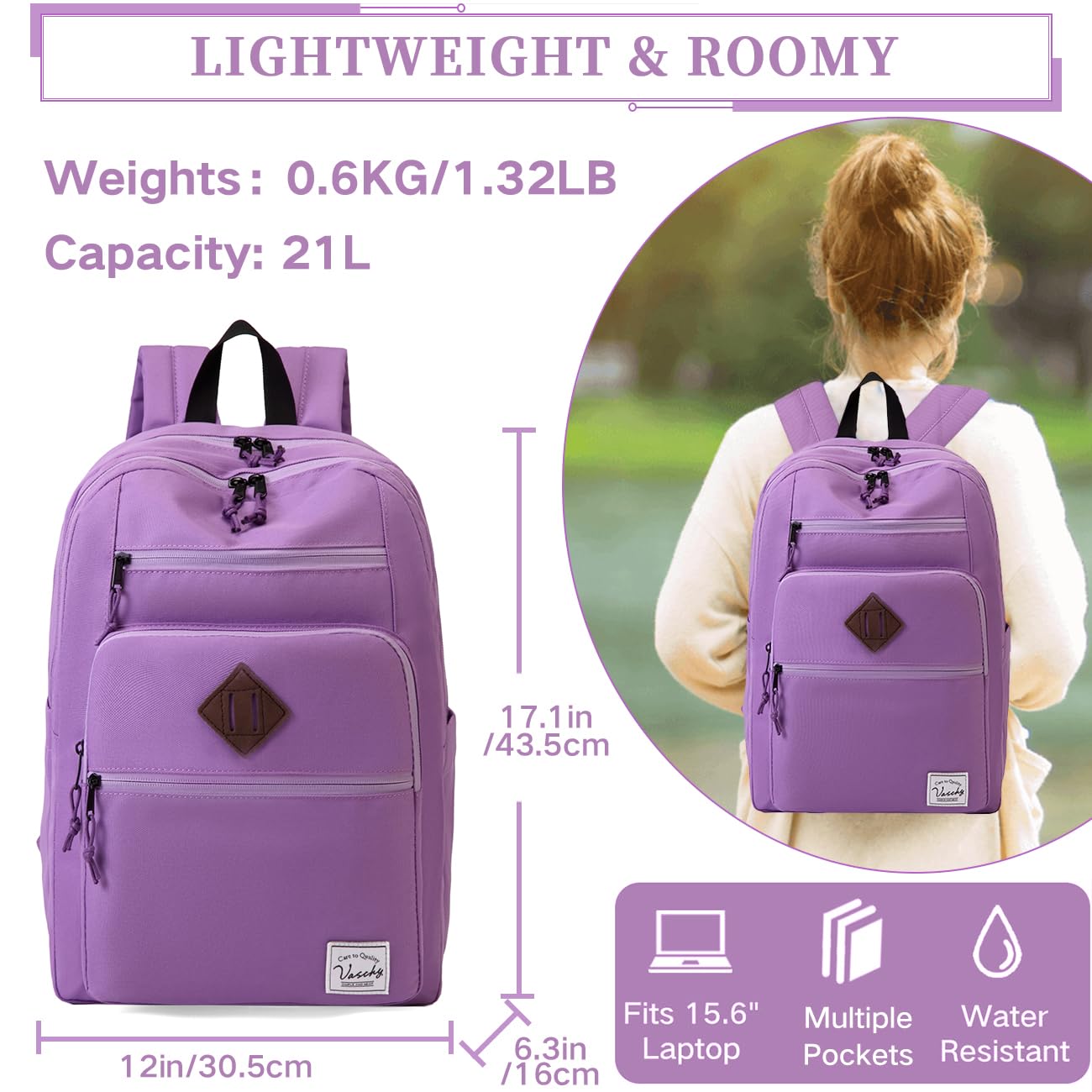 VASCHY School Backpack for Women, Unisex Large Bookbag Schoolbag Casual Daypack for High School/College/Teens/Travel/Work Purple