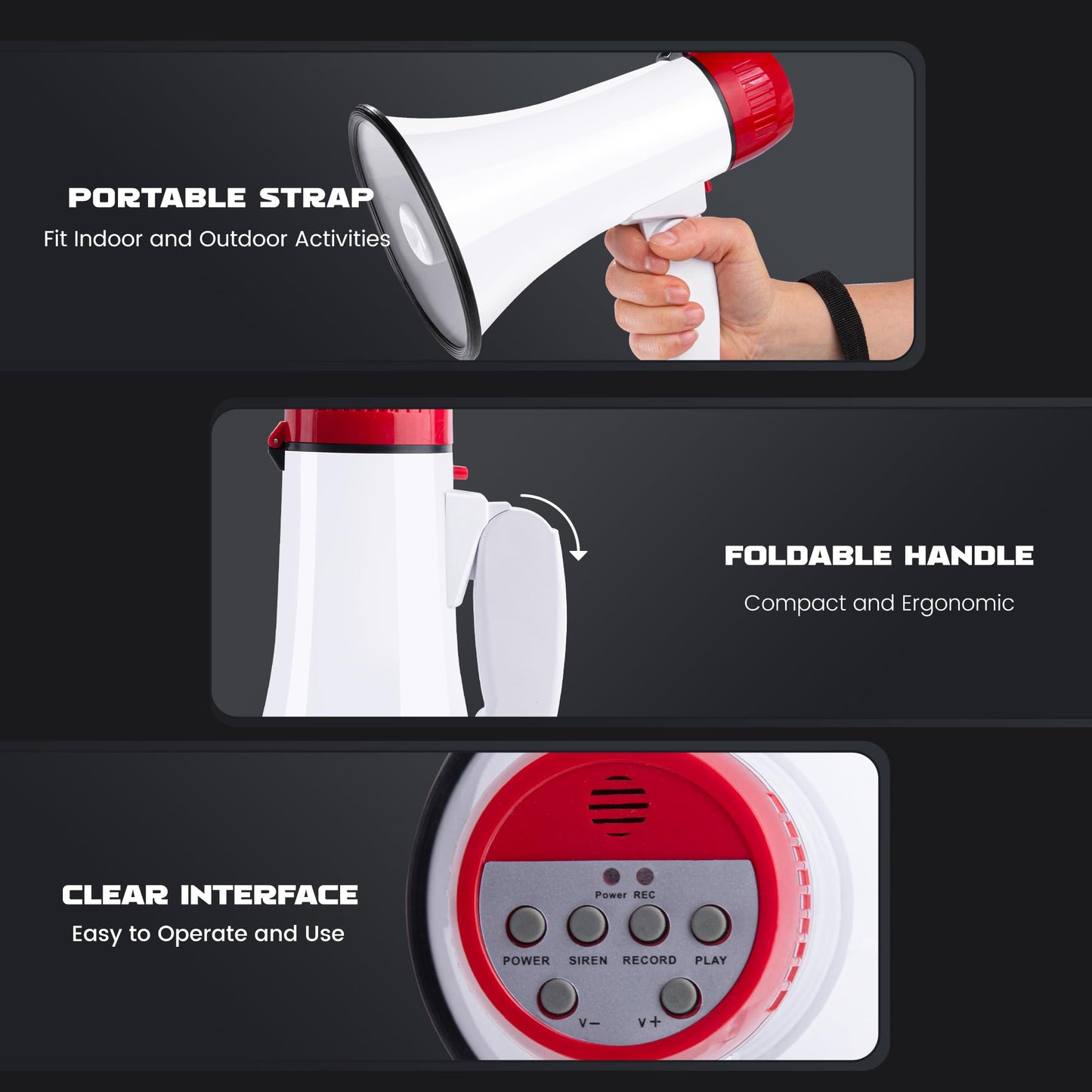 MyMealivos 20W Megaphone Bullhorn, Built in Siren & 240s Recording, 5.4"×8.6" Portable Megaphone with Volume Control Cover Up to 300 feet+ for Indoor and Outdoor Activities(White&Red)