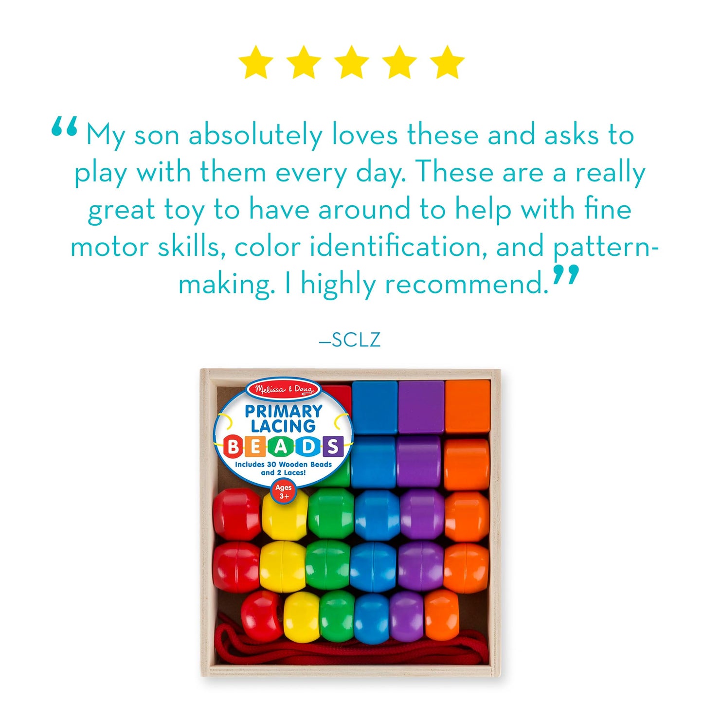 Melissa & Doug Primary Lacing Beads - Educational Toy with 30 Wooden Beads and 2 Laces for Toddlers, Fine Motor Skills Lacing Toys for Toddlers and Kids Ages 3+