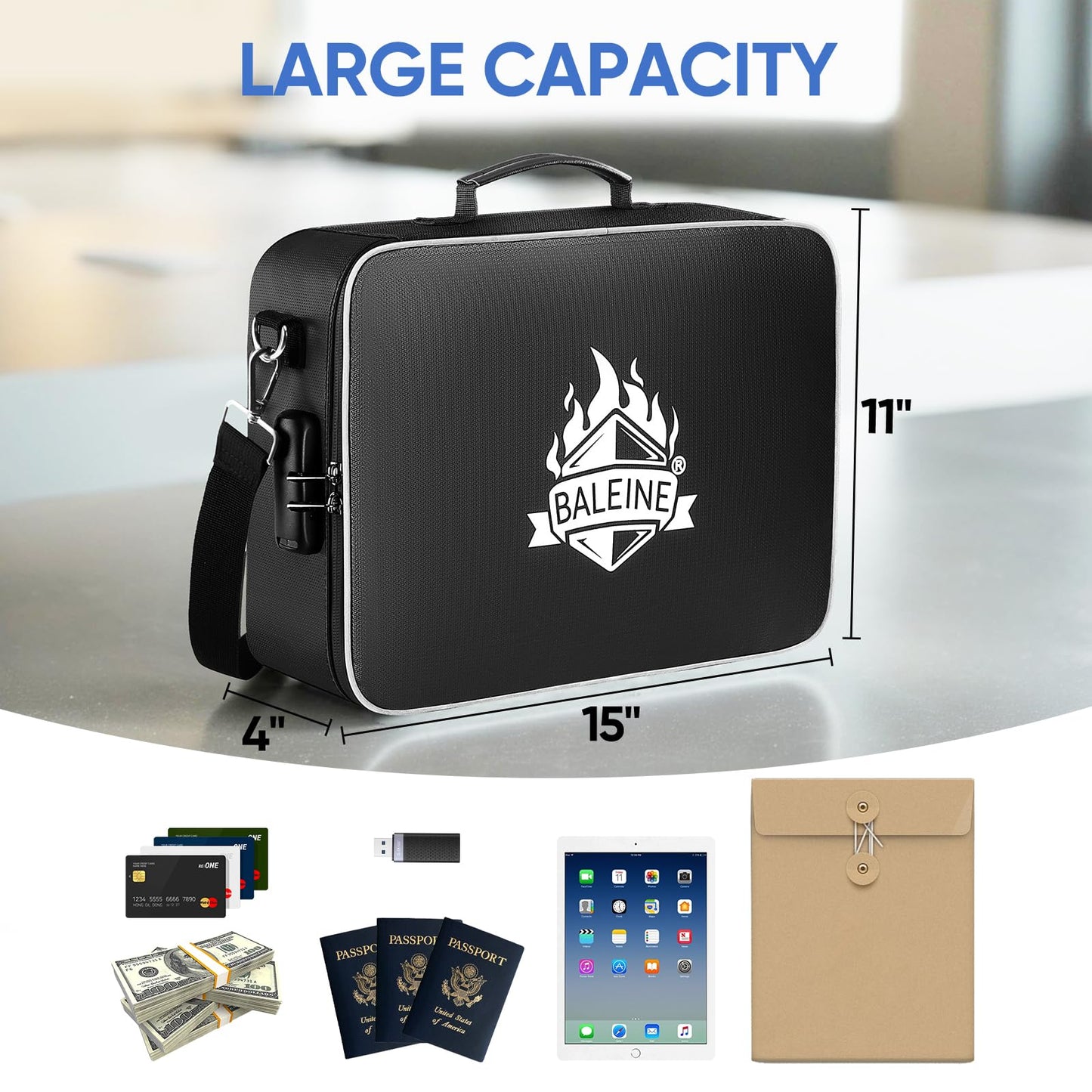 BALEINE File Organizer Box with Lid + Fireproof Document Bag with Lock