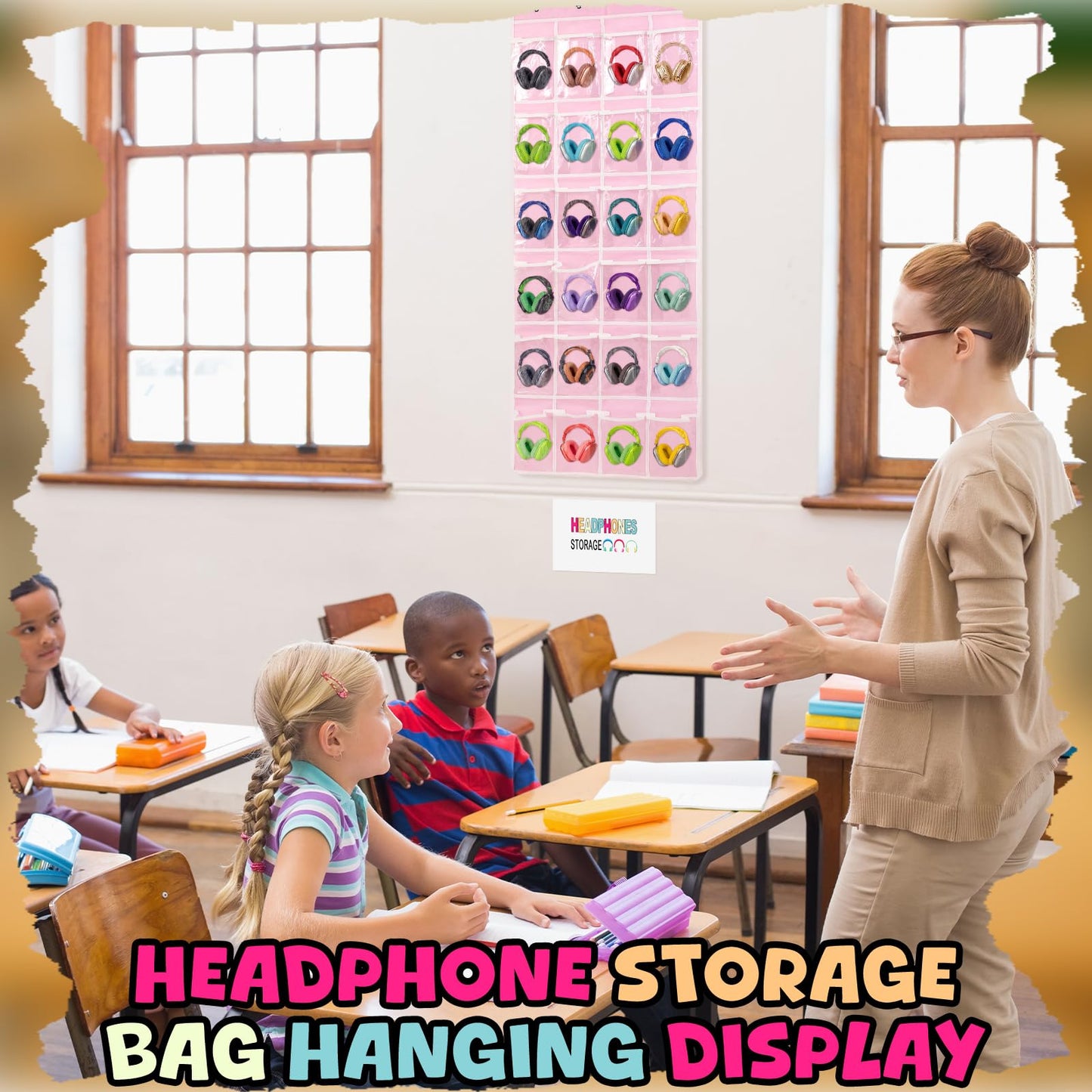 Maasechs Classroom Headphone Storage Organizer 24 PVC Clear Over The Door Hanging Classroom Headphone Holder Pocket with 4 Hooks for School Library(Pink)