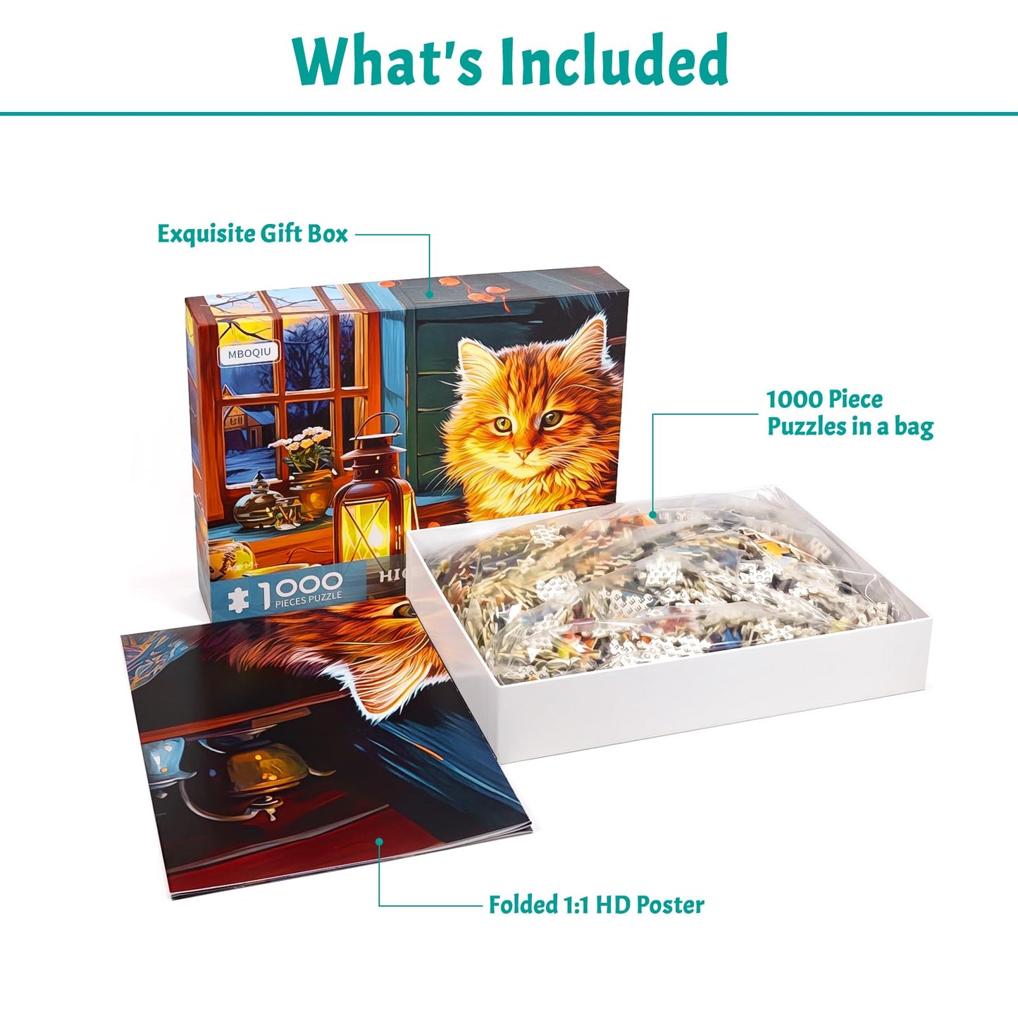 MBOQIU 1000 Piece Puzzle for Adults - Reading Cat Puzzles for Adults 1000 Pieces, Letters on Back, Cute Kitten Jigsaw Puzzle, Cozy Scene Challenging Puzzles for Teens Seniors - 27.6 x 19.7 inches