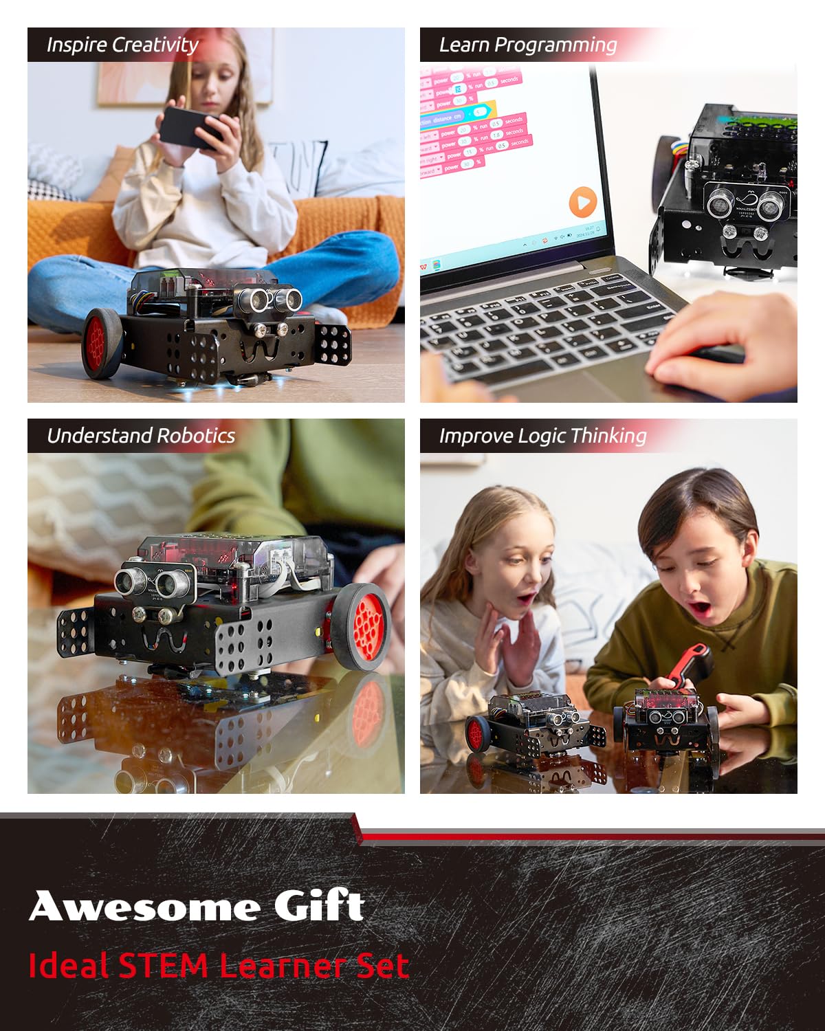 WhalesBot Rocky Coding Robot Car Kit for Kids 8-12 12-16, STEM Educational Engineering Toy, Scratch Python C Programming & Remote Control, Science Gift for 8 9 10 11 12+ Year Old Boys Girls