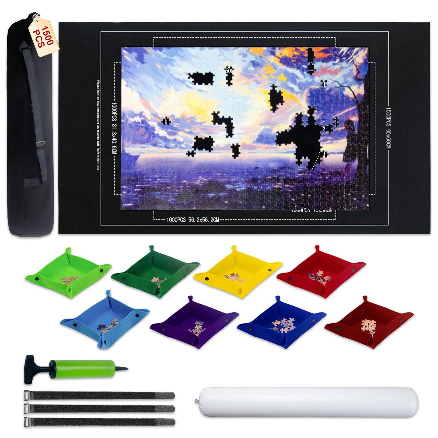 GOECI Portable Puzzle Mat Roll Up Set with 8 Sorting Trays, Pump & Storage Bag - Felt Puzzle Board Saver Keeper for 500, 1000, 1500 Piece Jigsaw Puzzles - Large Puzzle Mat for Adults & Kids