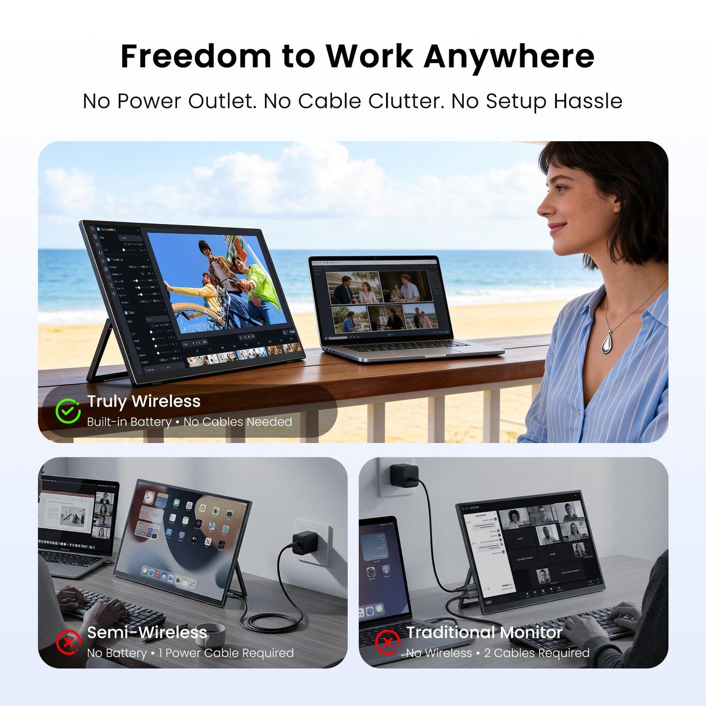 UPERFECT Wireless Portable Monitor with Battery 10000mAh, 18.5" 1080P FHD 100Hz 145% sRGB QLED Gaming Monitor with Stand, Bag & VESA, Large Second Screen for Laptop, Computer, Phone, Game Consoles