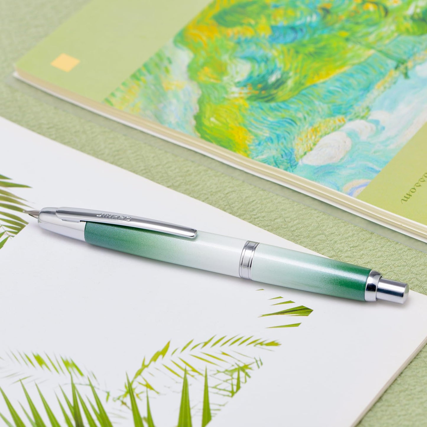 Jinhao 10 Press Fountain Pen with Box, Gradient Grass Green Retractable Extra Fine Nib with Ink Converter Set (Silver Clip)