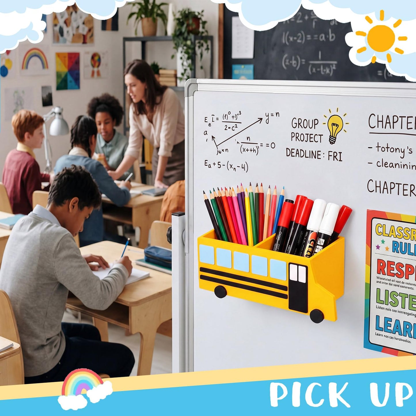 ReliThick Teacher Magnetic Pen Holder Magnetic School Bus Desk Organizer, Teacher Appreciation Gifts, Dry Erase Marker Holder with 4 Strong Magnets, Classroom Decor & Storage Bin