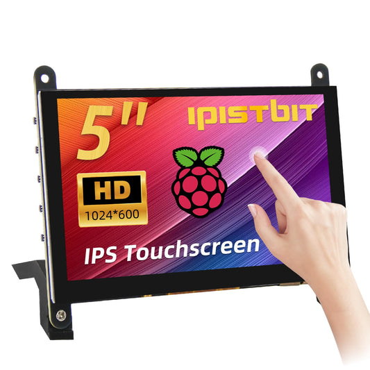 iPistBit 5 Inch LCD Touch Screen, 1024x600 IPS Display with Stand, HDMI Portable Monitor for Raspberry Pi 5/4B/3B+/3B/B+/Zero/400, BB Black, Windows 10 8 7, Free Driver