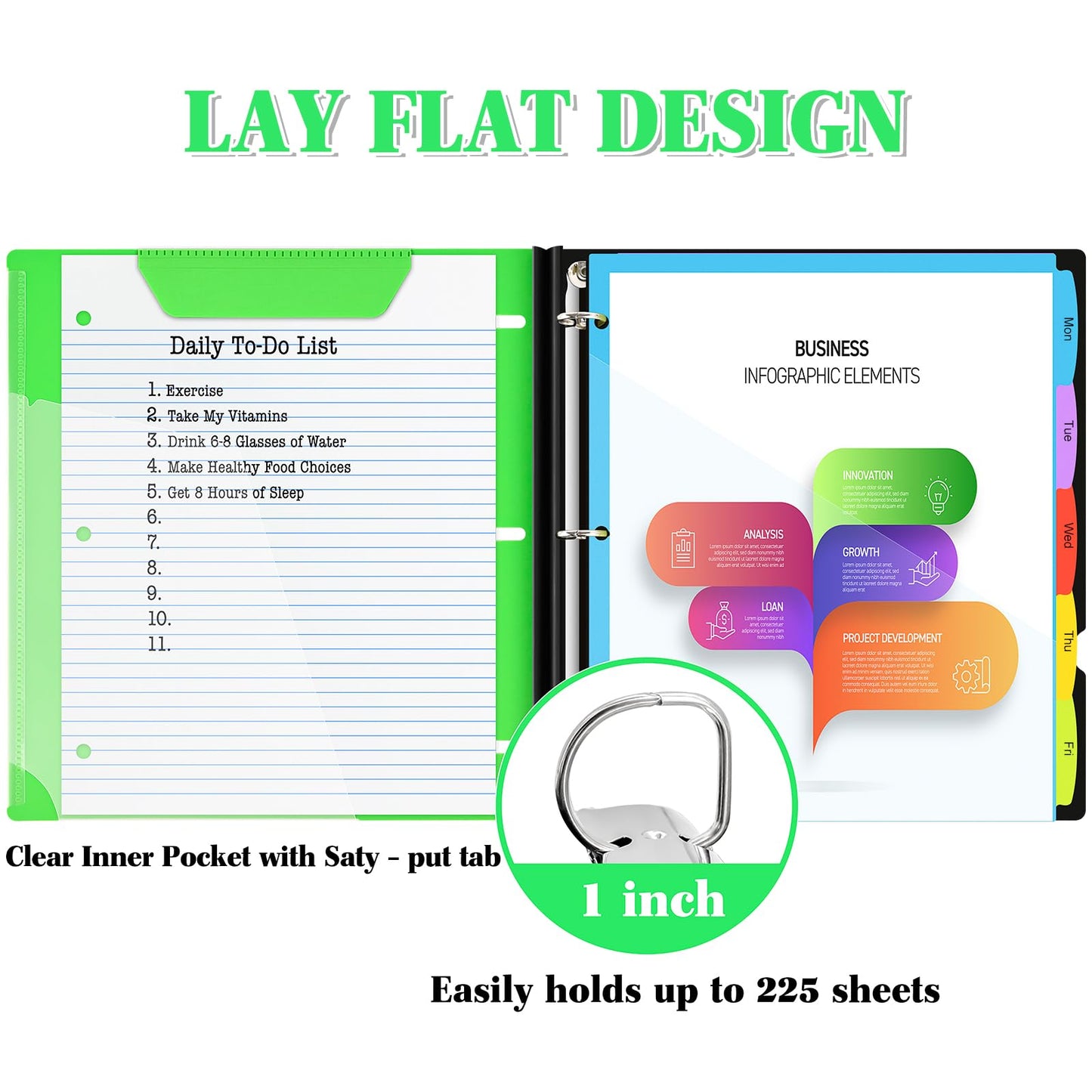 INFUN 1 Inch 3-Ring Telescoping Project Organizer Binder,13 Pocket, Customizable Front Cover, 5 Colors Pocket Divider and Plastic Binder Pocket，225 Sheet Capacity-Green