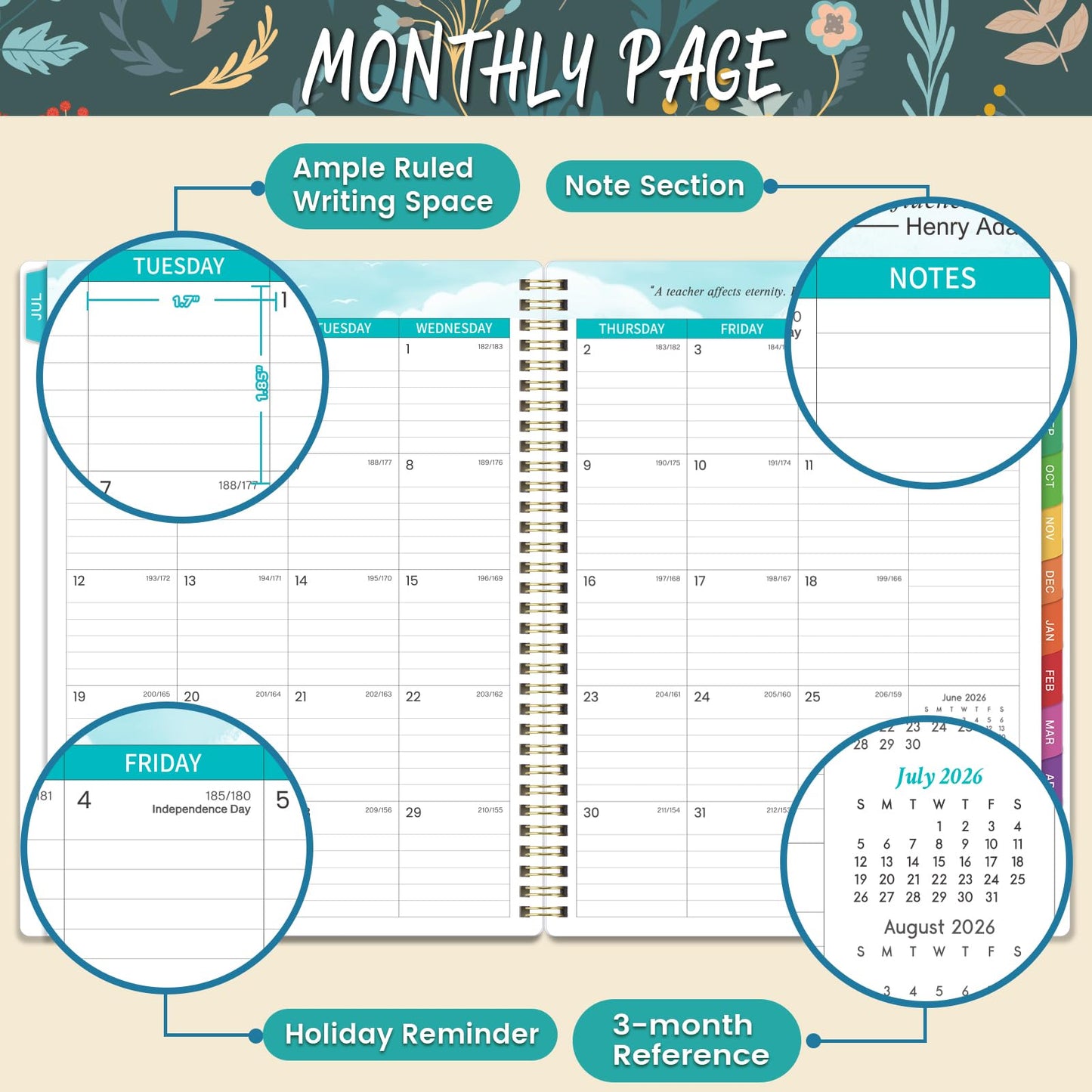 Teacher Planner 2026-2027- Teacher Planner, Teacher Lesson Planner from July 2026 to June 2027, 9" x 11", Spiral Bound,Lesson Plan Book with Colourful Monthly Tabs, Inner Pocket