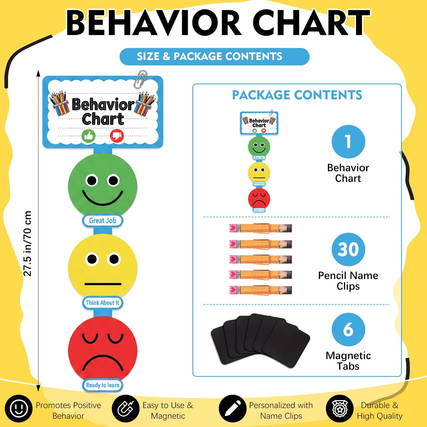 Poola Voidra Classroom Behavior Chart for Teachers Felt Reward System with 30 Wooden Clips & 6 Magnetic Tabs Classroom Management Tool for Homeschool Student Learning Performance Behavior(English)