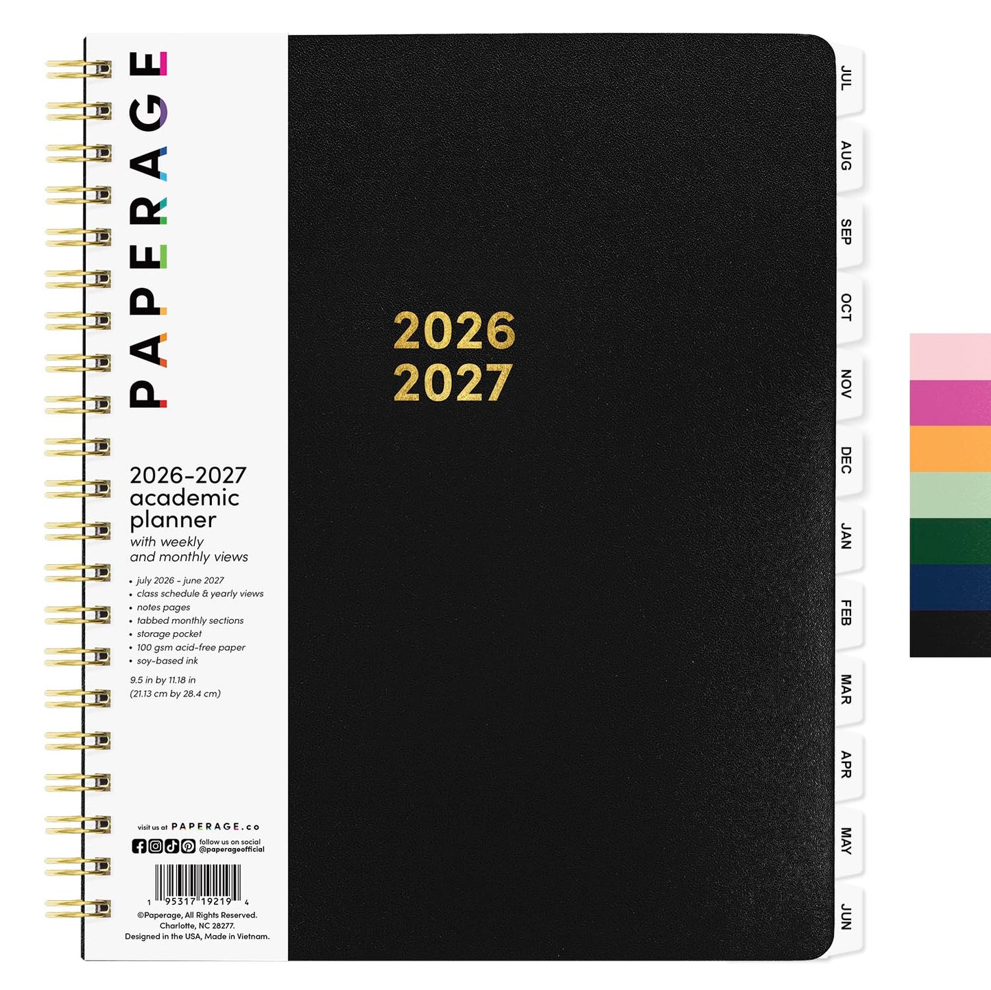 PAPERAGE Academic Planner, Weekly & Monthly Planner & Calendar, 12-Months, July 2026 - June 2027, (9.5" x 11"), School & Student Planning Agenda with Tabs, Bonus Pages & Inner Pocket, Black