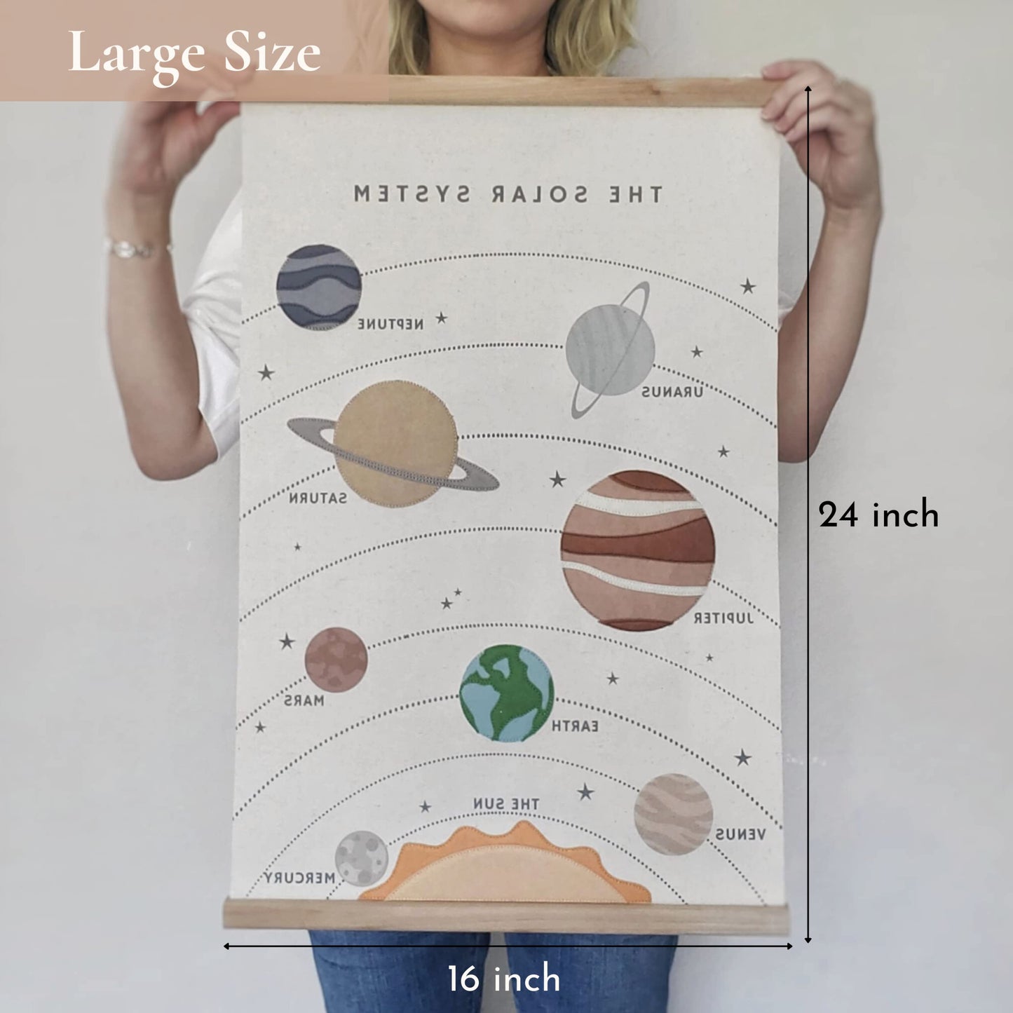 Bon et Beau 16 x 24 Inch Embroidered Solar System Wall Decor Framed with Wood Hanger - Outer Space Planets Poster for Boys and Girls Nursery, Bedroom, Playroom, Toddler and Kids Room