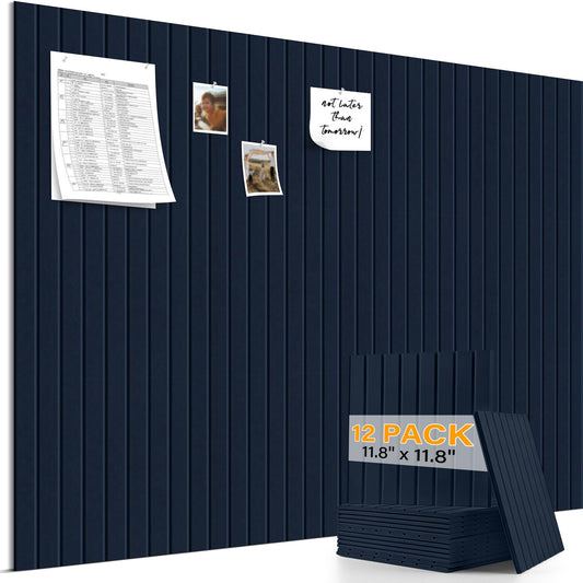 Large Felt Bulletin Board，47.2" x 35.4" 12 Pack Cork Board Alternative for Walls,Felt Wall Tiles for Office & Home Decor,Pin Board with 30 Pcs Pushpins and 72 Adhesive Tabs-Navy Blue