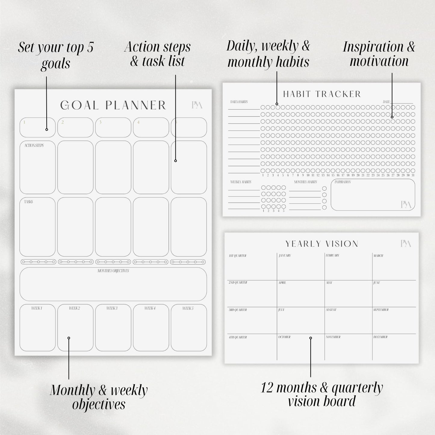 Magnetic Goal Planner Set: Reusable Dry Erase Habit Tracker, Vision Board, Purpose Planner and Workout Calendar Minimalist Wall Calendar Aesthetic Planner, Year at a Glance Wall Calendar 2025