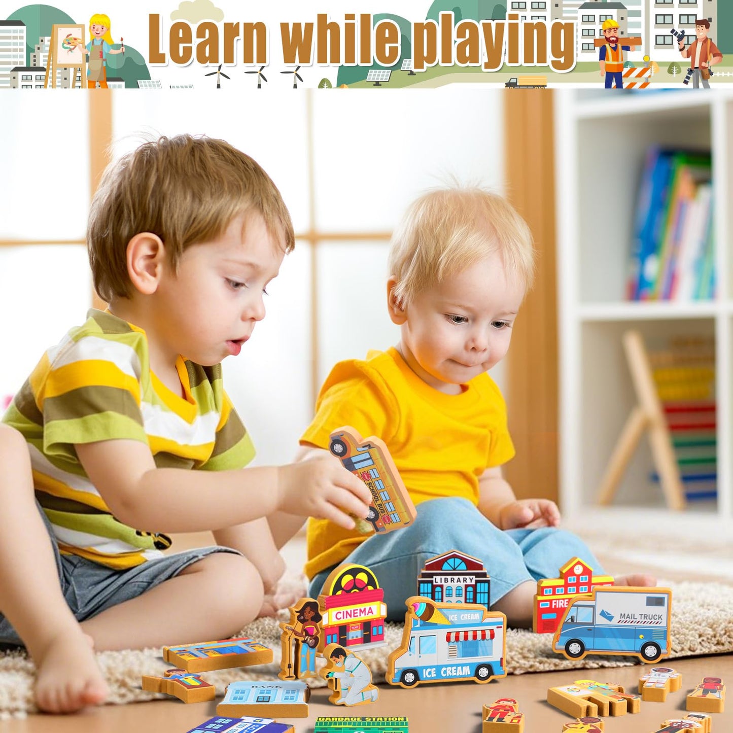 Blosssound 81 Pcs Wooden Community Helpers Toys Wooden Car Town Set Wood People Figures Multicultural Career Wood Blocks for Preschool Classroom Diversity Play Games Educational Activity Supplies